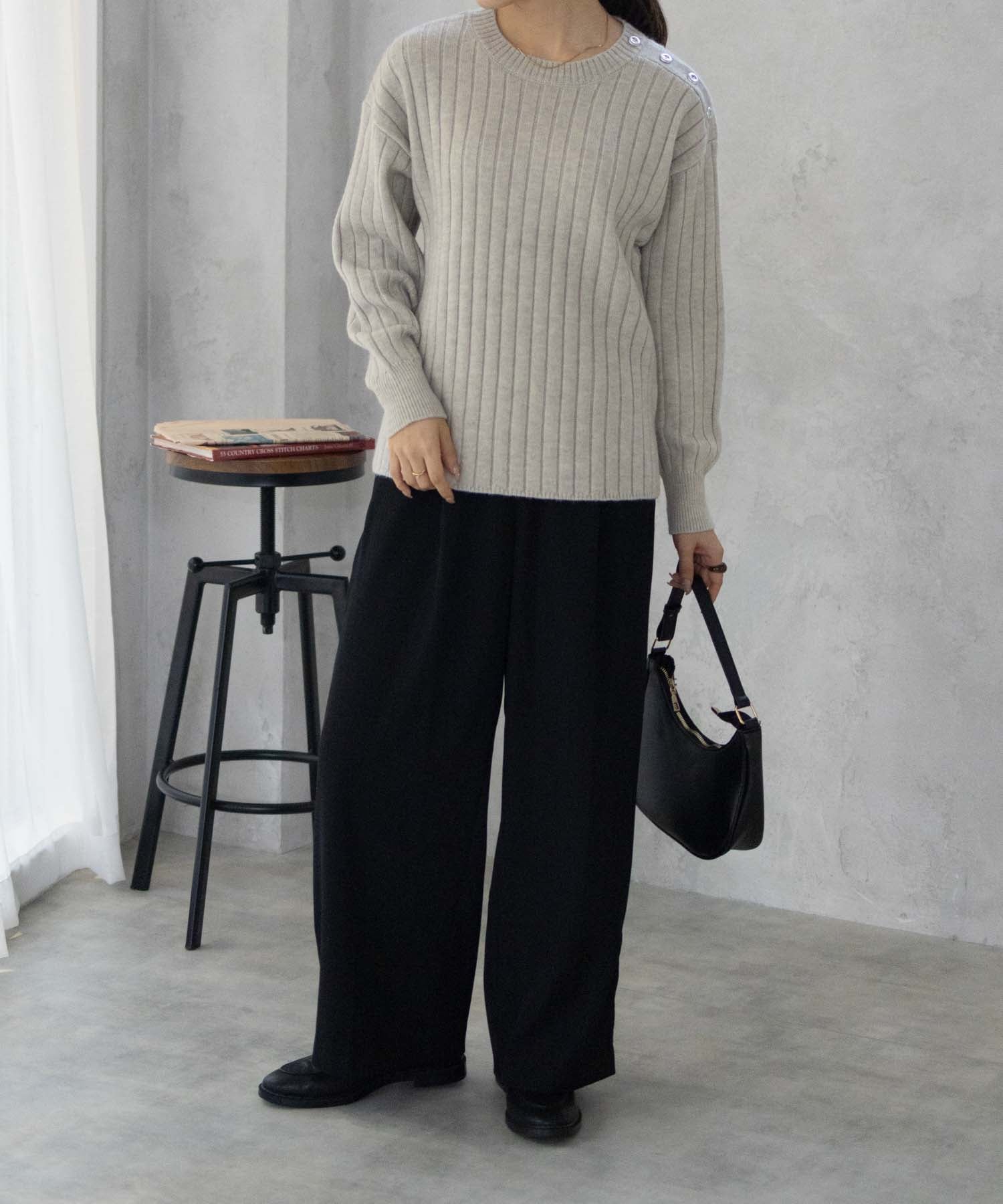 マックハウス Mac-House nAvy もちり もちもち 洗えるニット 肩ボタンクルーネック