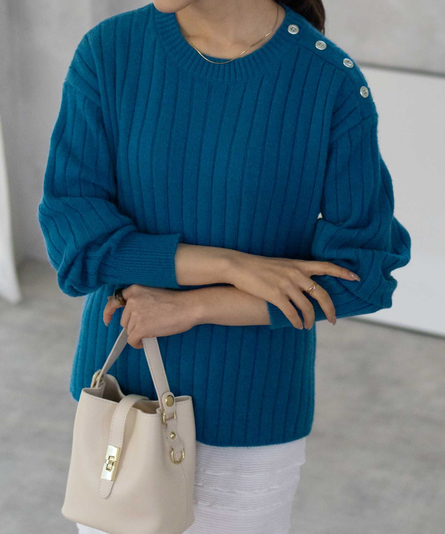 マックハウス Mac-House nAvy もちり もちもち 洗えるニット 肩ボタンクルーネック