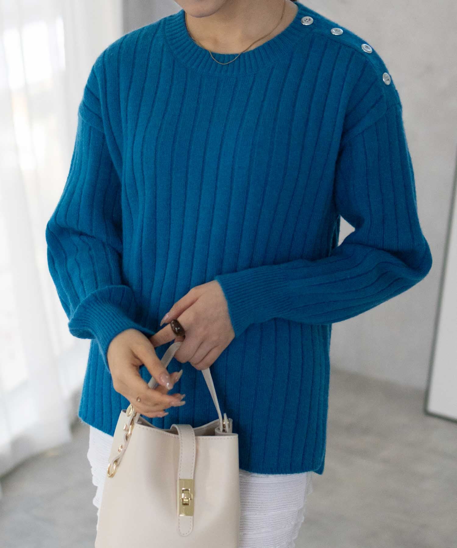 マックハウス Mac-House nAvy もちり もちもち 洗えるニット 肩ボタンクルーネック