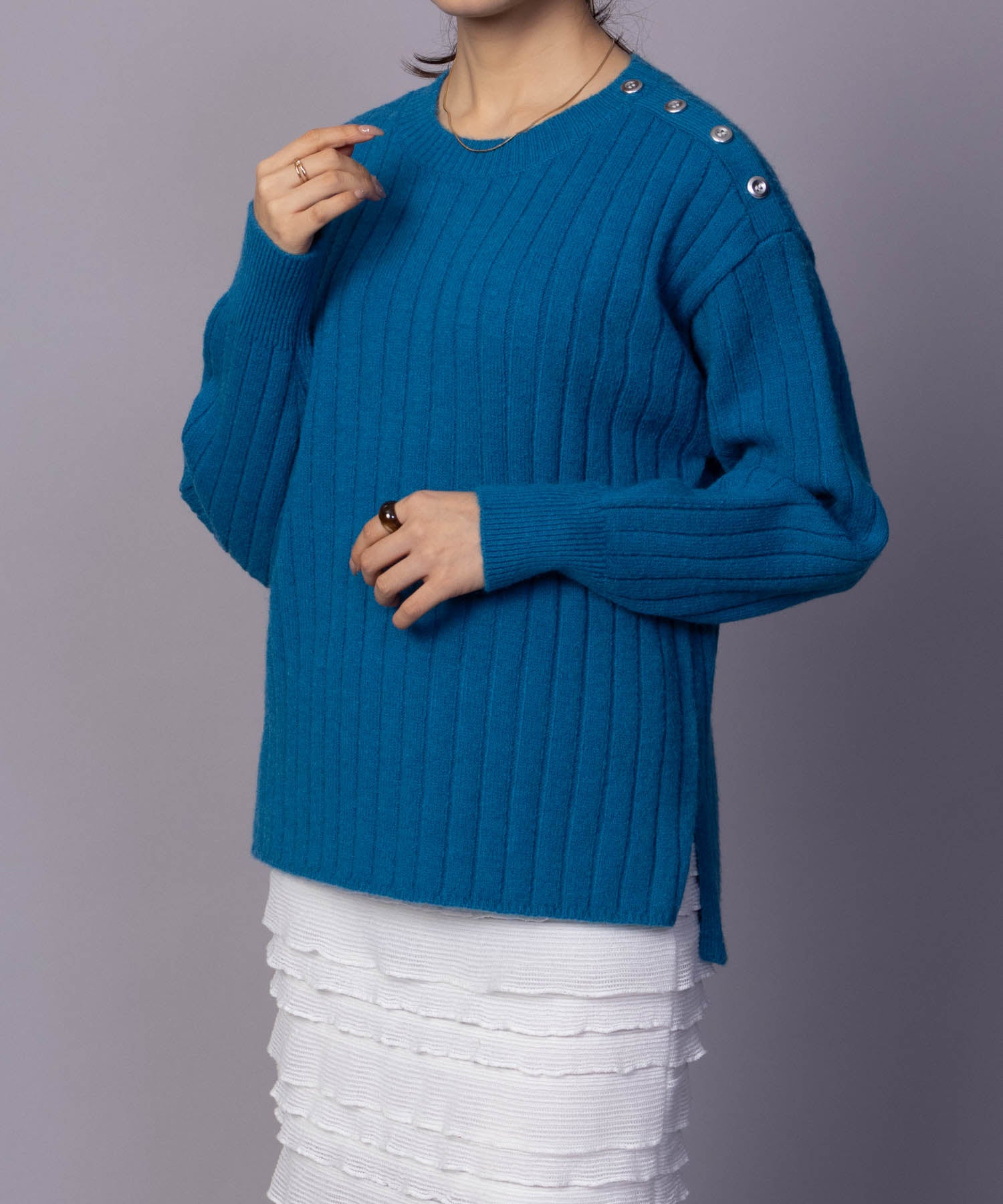 マックハウス Mac-House nAvy もちり もちもち 洗えるニット 肩ボタンクルーネック