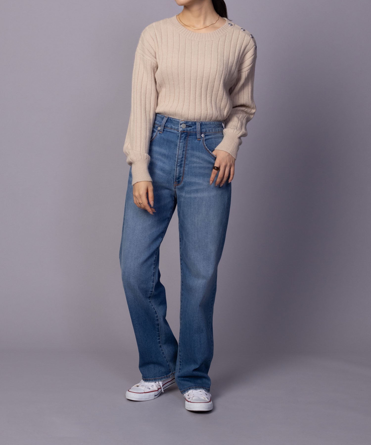 マックハウス Mac-House nAvy もちり もちもち 洗えるニット 肩ボタンクルーネック