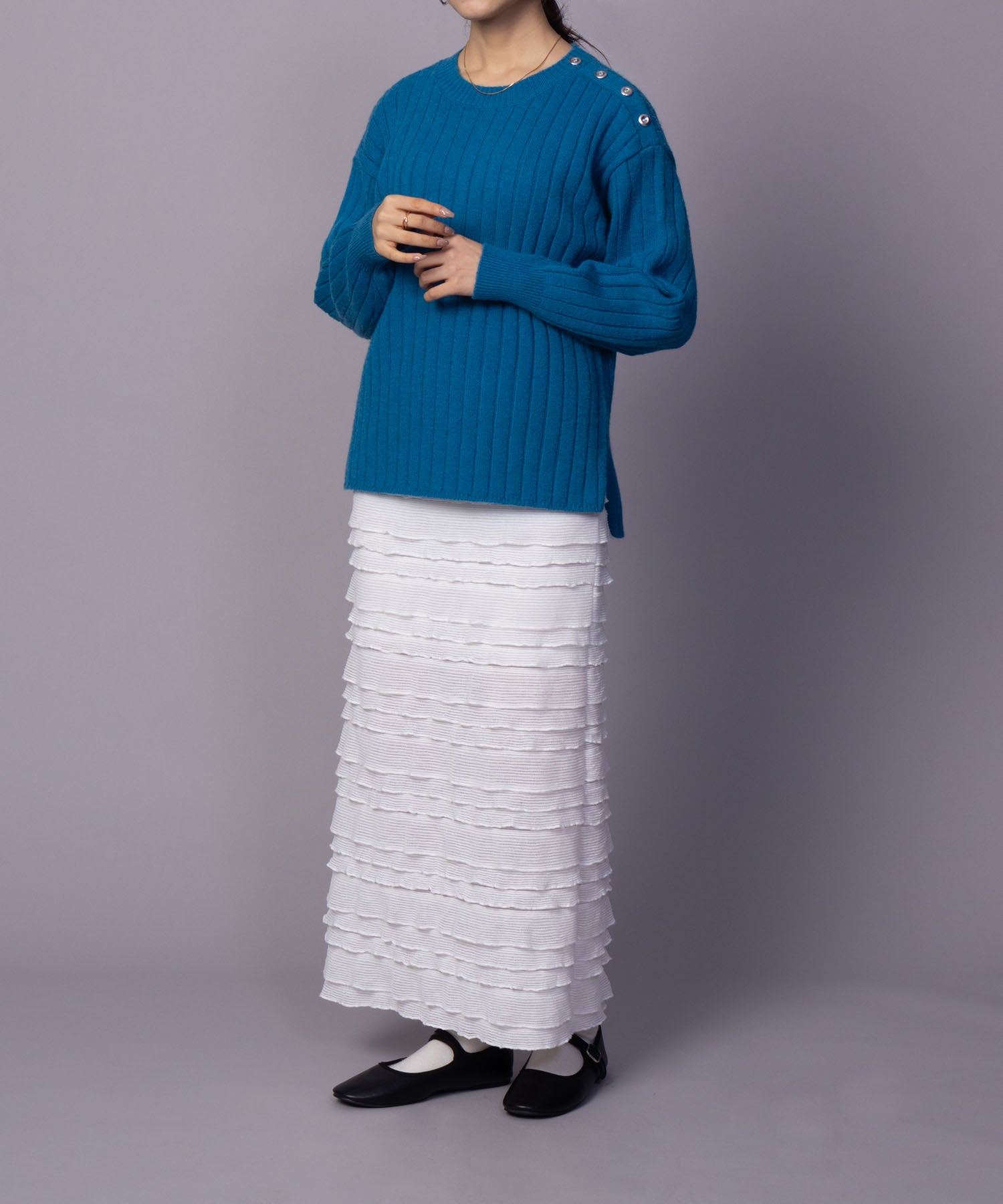 マックハウス Mac-House nAvy もちり もちもち 洗えるニット 肩ボタンクルーネック