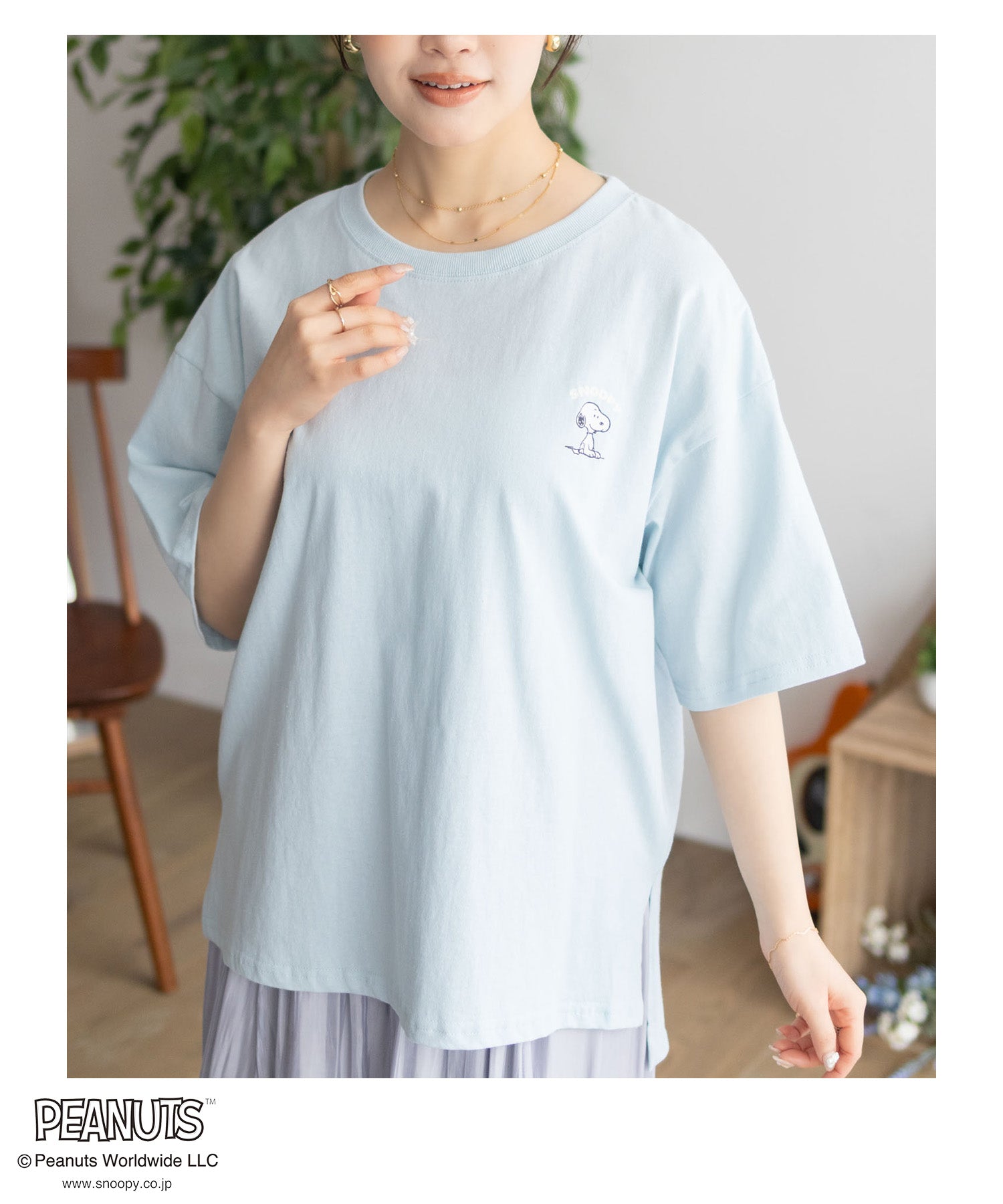 マックハウス Mac-House PEANUTS SNOOPY 刺繍プリントTシャツ （サックス） サックス