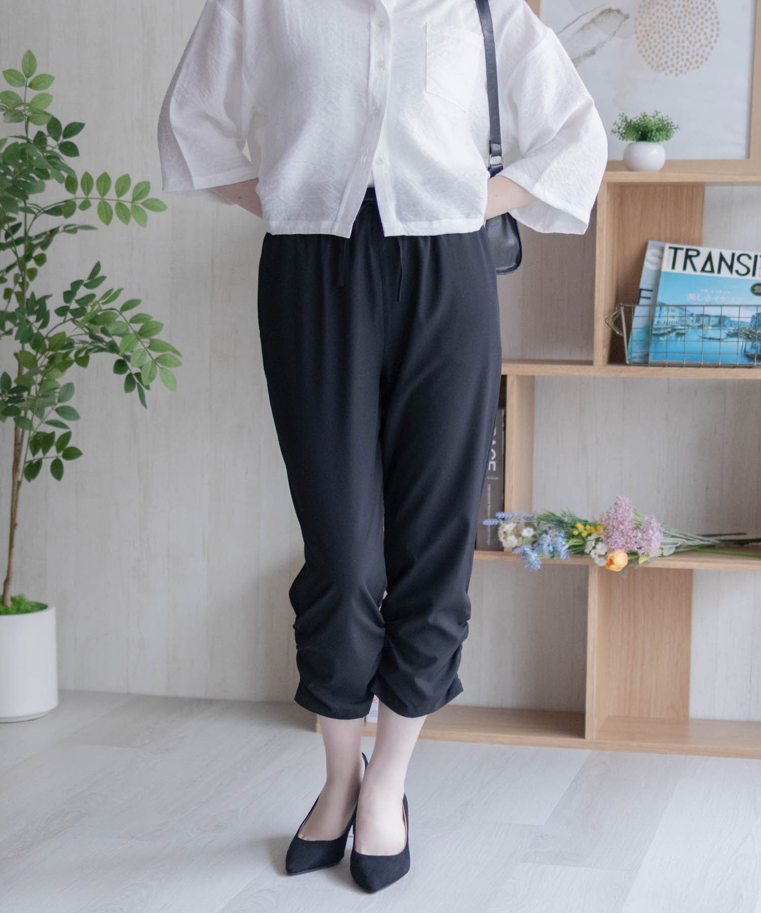 マックハウス Mac-House nAvy 裾シャーリング7分丈パンツ （ブラック） ブラック