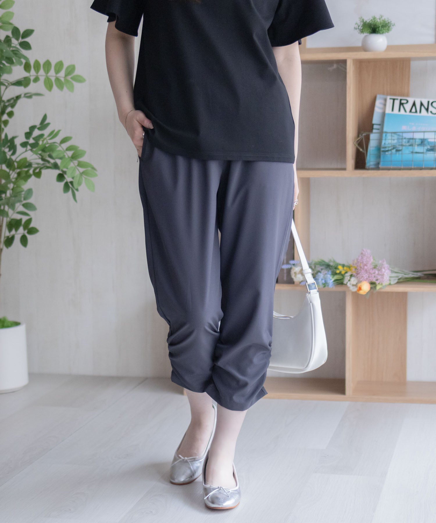 マックハウス Mac-House nAvy 裾シャーリング7分丈パンツ （ブラック） ブラック