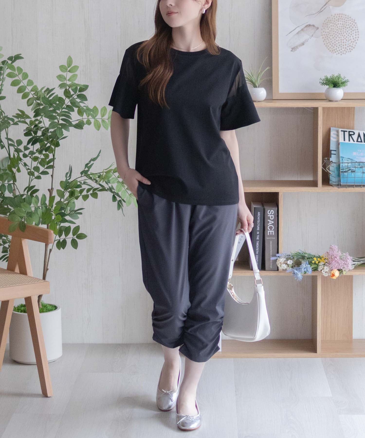 マックハウス Mac-House nAvy 裾シャーリング7分丈パンツ （ブラック） ブラック