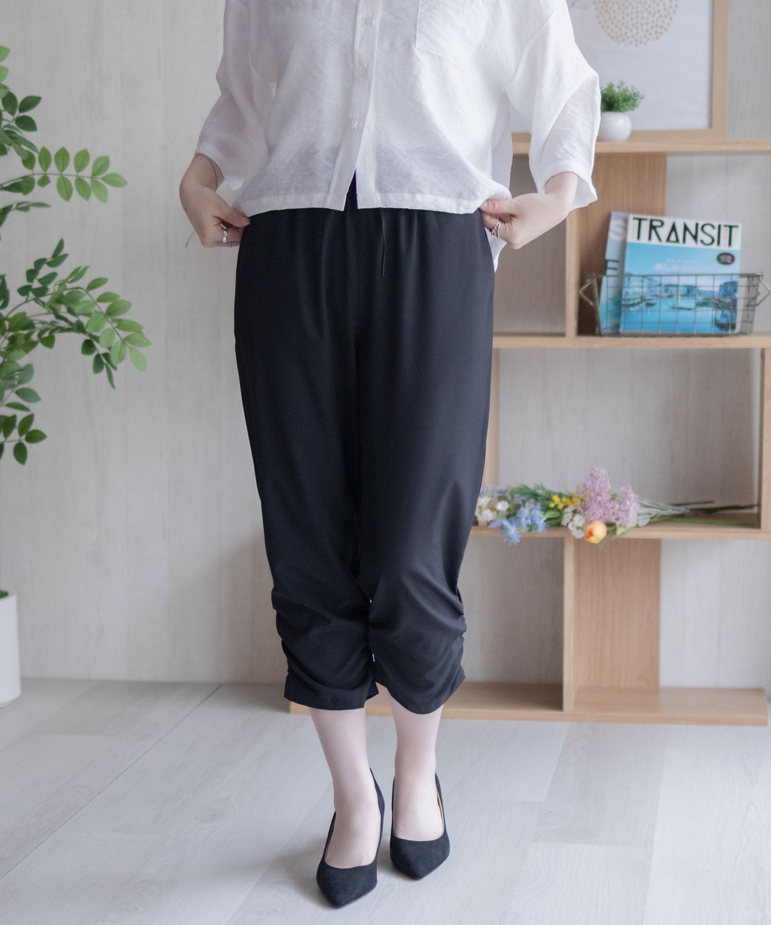 マックハウス Mac-House nAvy 裾シャーリング7分丈パンツ （ブラック） ブラック