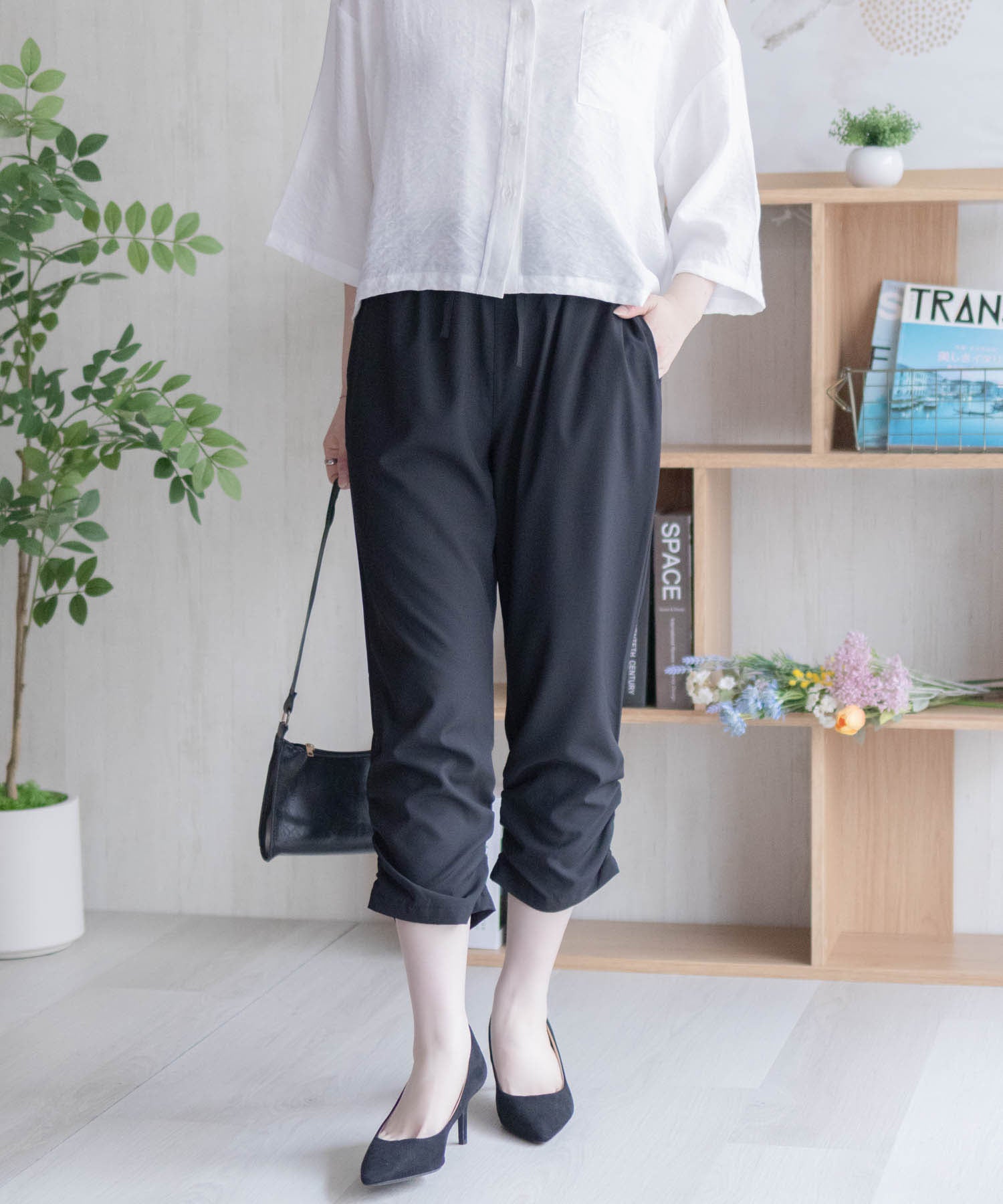 マックハウス Mac-House nAvy 裾シャーリング7分丈パンツ （ブラック） ブラック