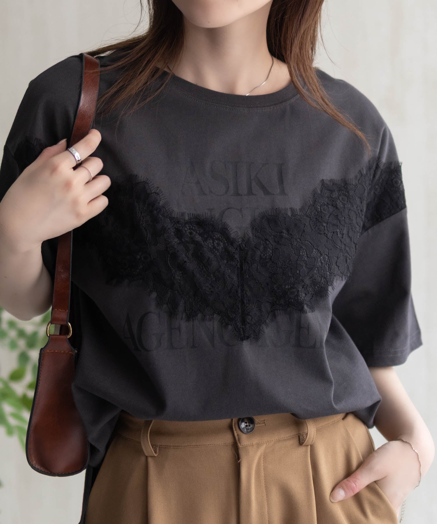 マックハウス Mac-House nAvy レース使いプリントTシャツ （チャコールグレー） チャコールグレー
