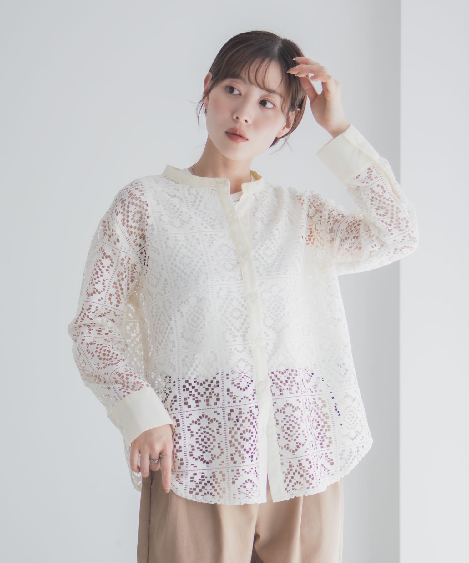 マックハウス Mac-House クロシェライクレース羽織ノーカラーシャツ （アイボリー） アイボリー