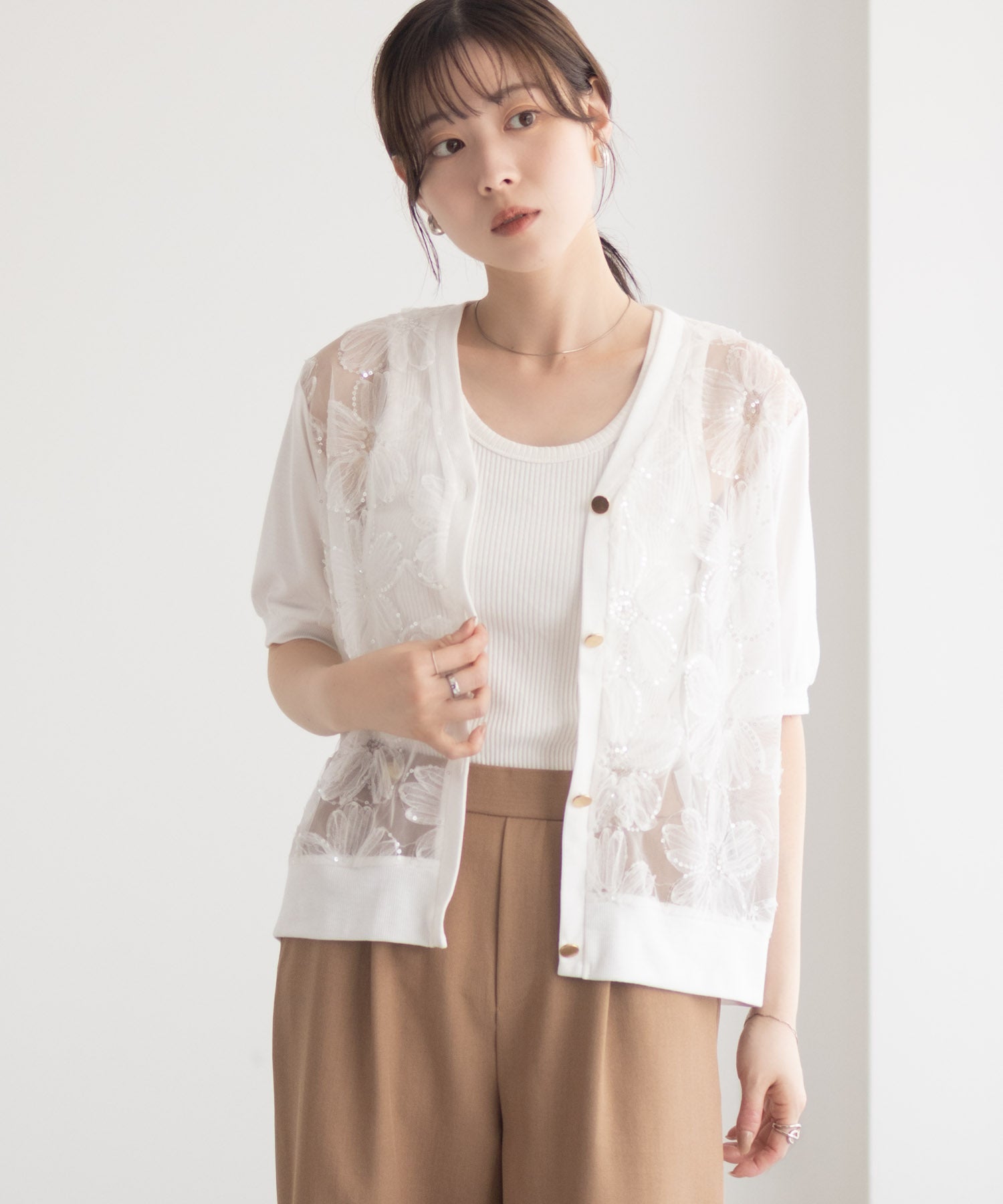 マックハウス Mac-House フラワーチュールハーフスリーブカーディガン （オフホワイト） オフホワイト
