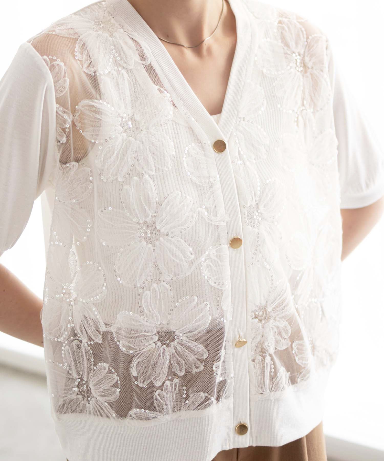 マックハウス Mac-House フラワーチュールハーフスリーブカーディガン （オフホワイト） オフホワイト