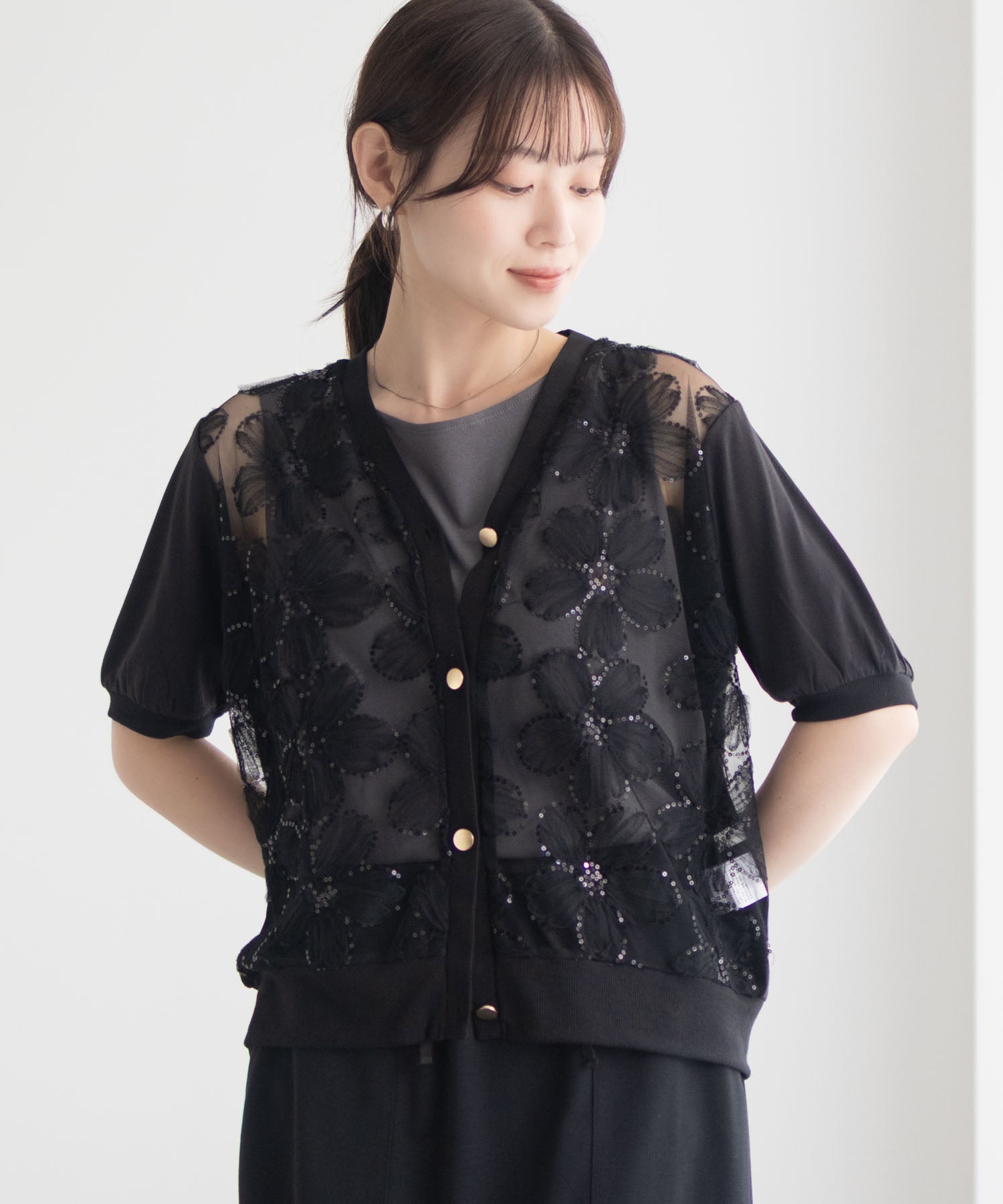 マックハウス Mac-House フラワーチュールハーフスリーブカーディガン （オフホワイト） オフホワイト