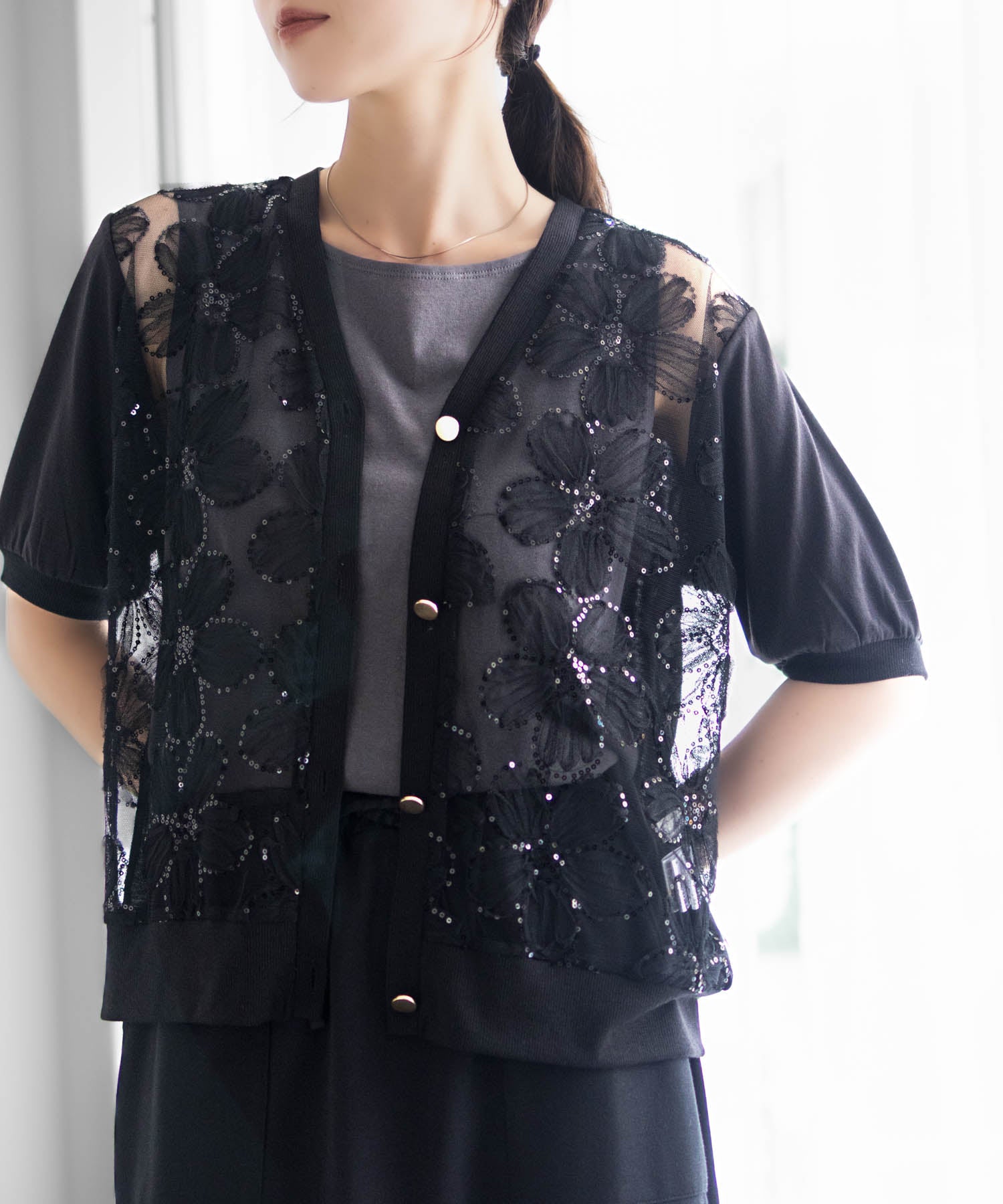 マックハウス Mac-House フラワーチュールハーフスリーブカーディガン （オフホワイト） オフホワイト