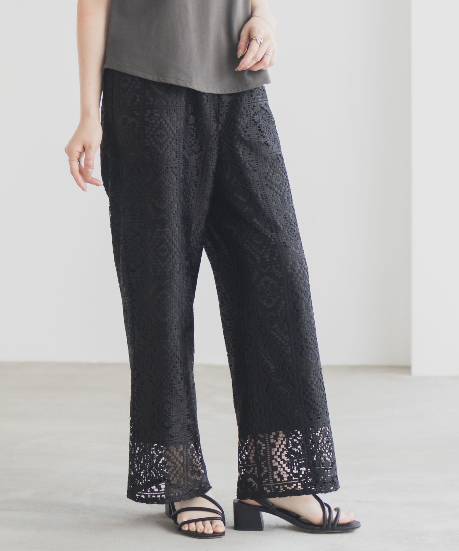 マックハウス Mac-House クロシェライクレースイージーパンツ （ブラック） ブラック