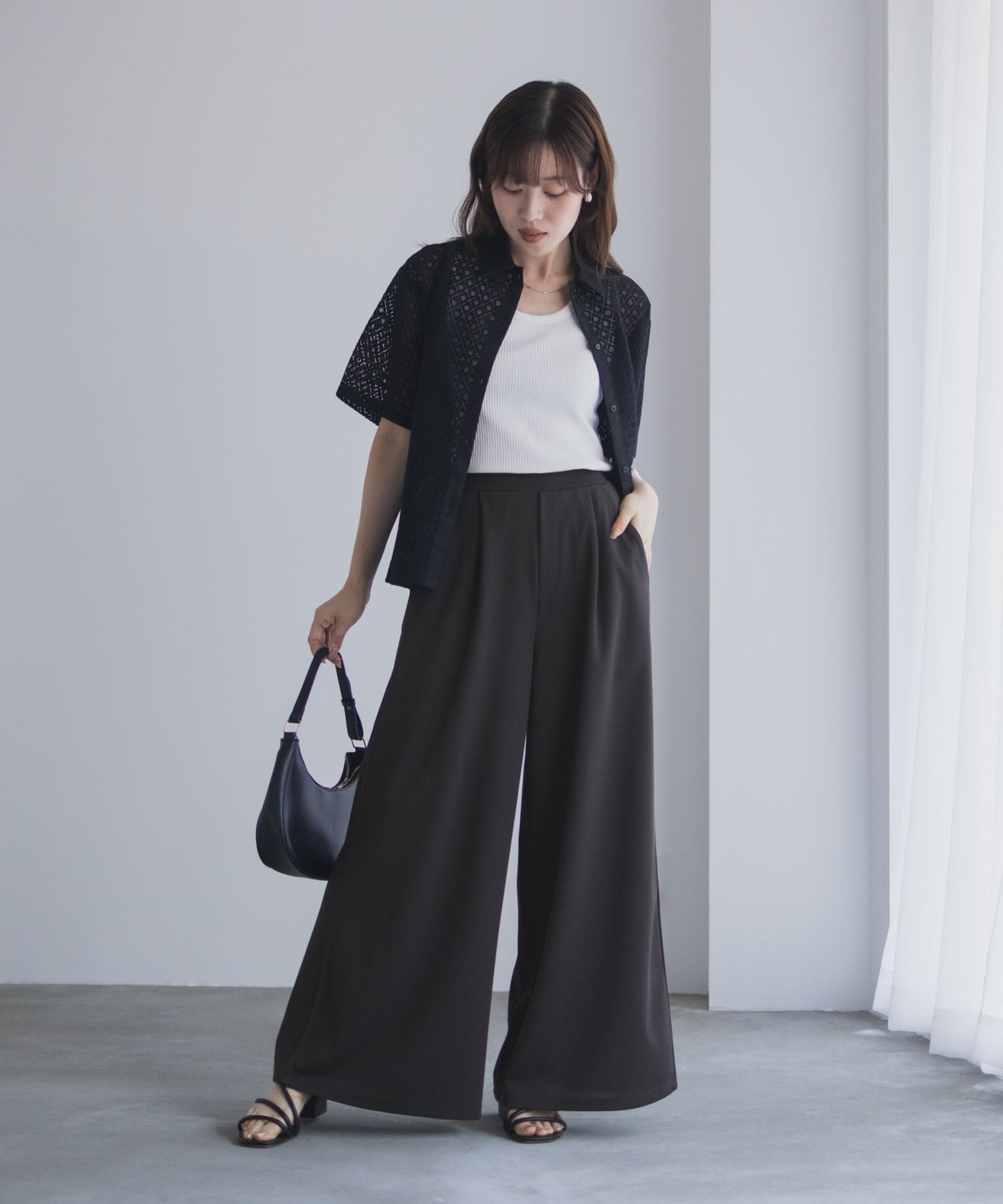 マックハウス Mac-House nAvy ジョーゼットワイドパンツ （チャコール） チャコール