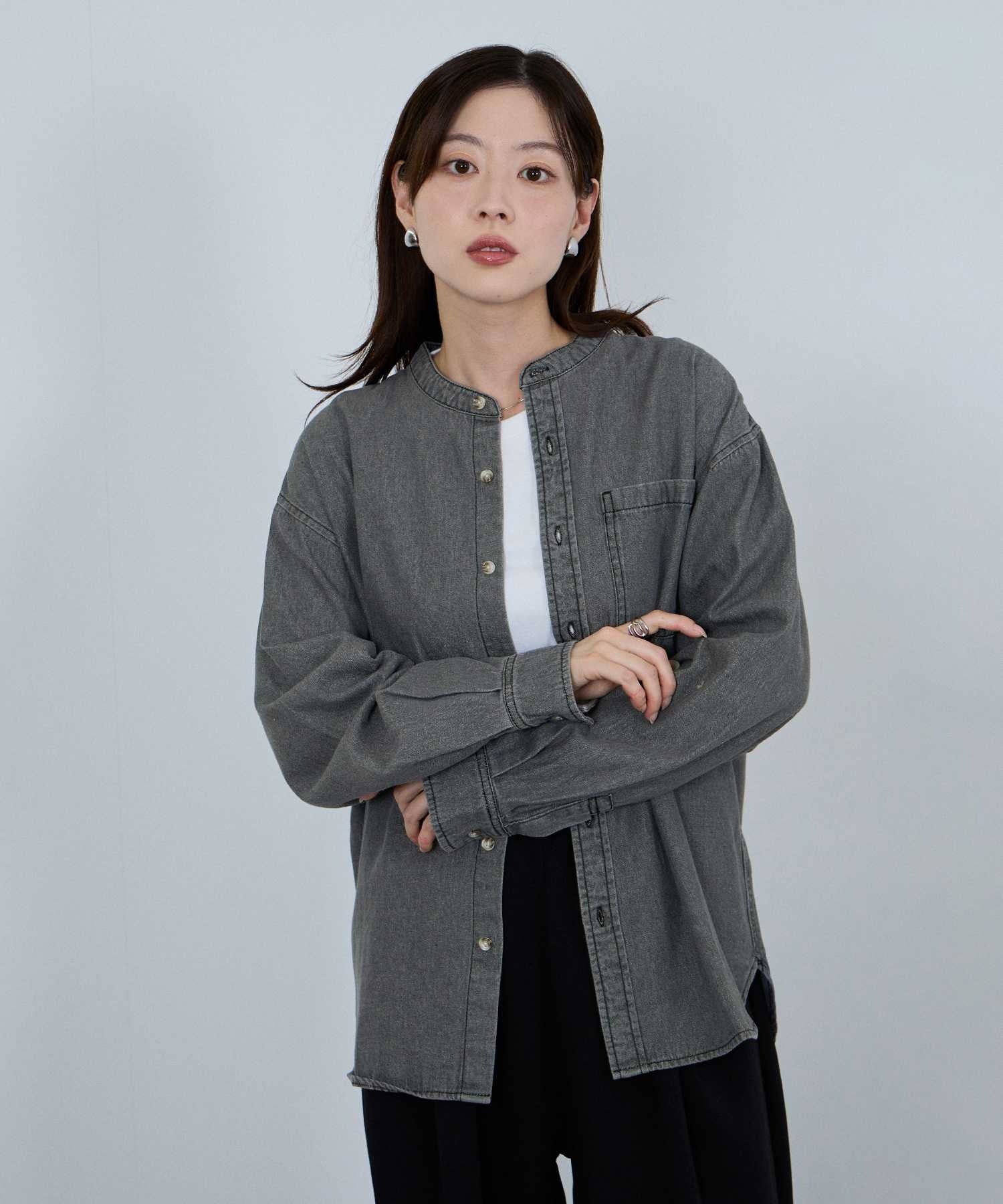 マックハウス Mac-House nAvy ルーズデニムスタンドカラーシャツ （ワンウォッシュ） ワンウォッシュ
