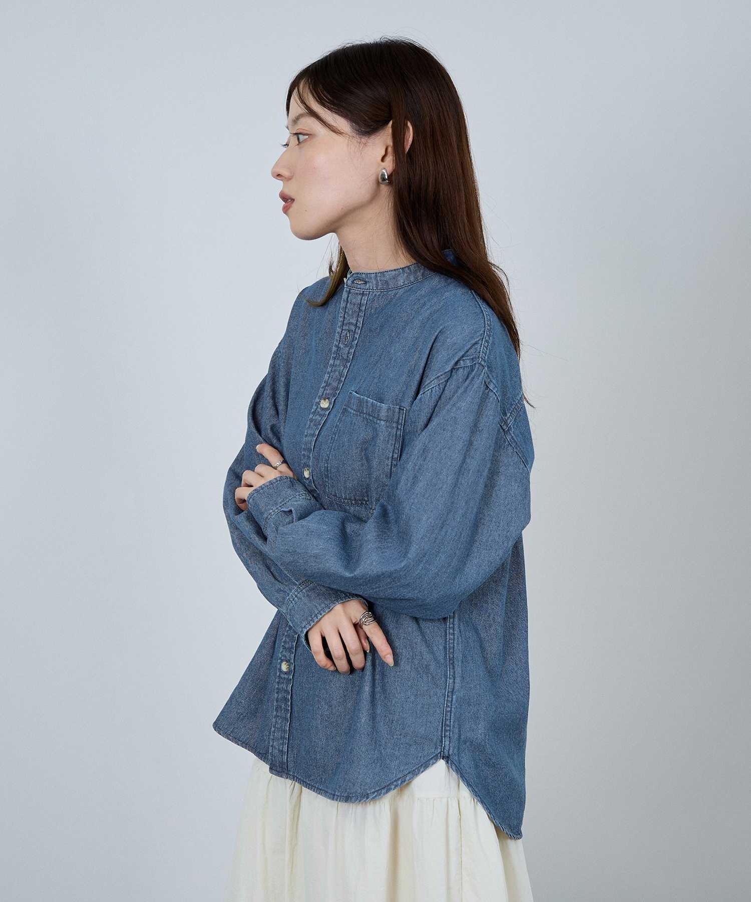 マックハウス Mac-House nAvy ルーズデニムスタンドカラーシャツ （ワンウォッシュ） ワンウォッシュ