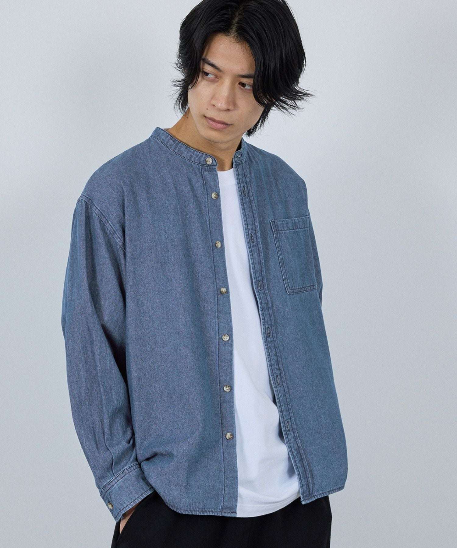 マックハウス Mac-House nAvy ルーズデニムスタンドカラーシャツ （ワンウォッシュ） ワンウォッシュ