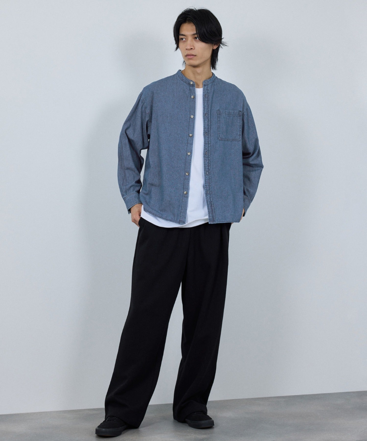 マックハウス Mac-House nAvy ルーズデニムスタンドカラーシャツ （ワンウォッシュ） ワンウォッシュ