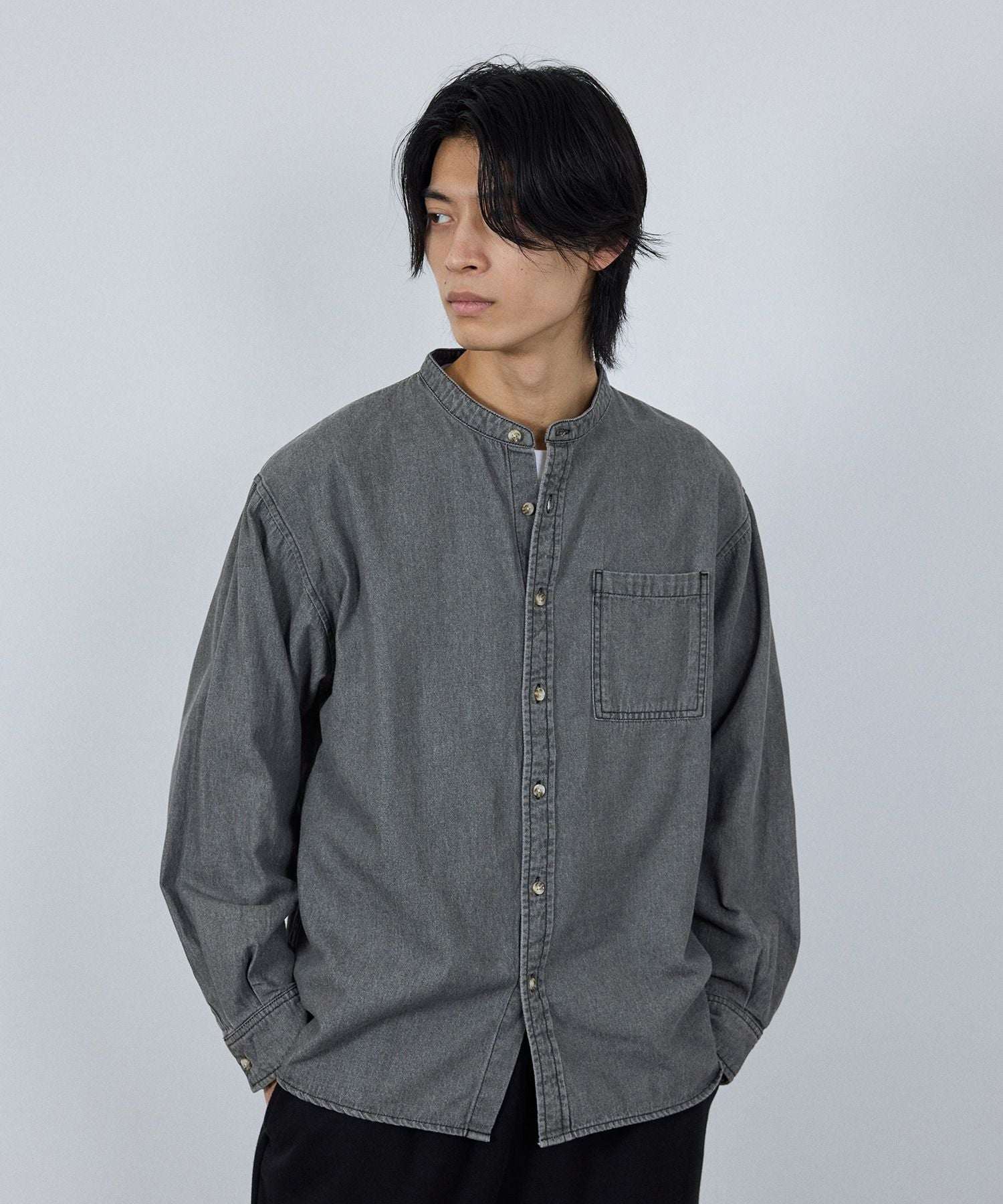 マックハウス Mac-House nAvy ルーズデニムスタンドカラーシャツ （ワンウォッシュ） ワンウォッシュ