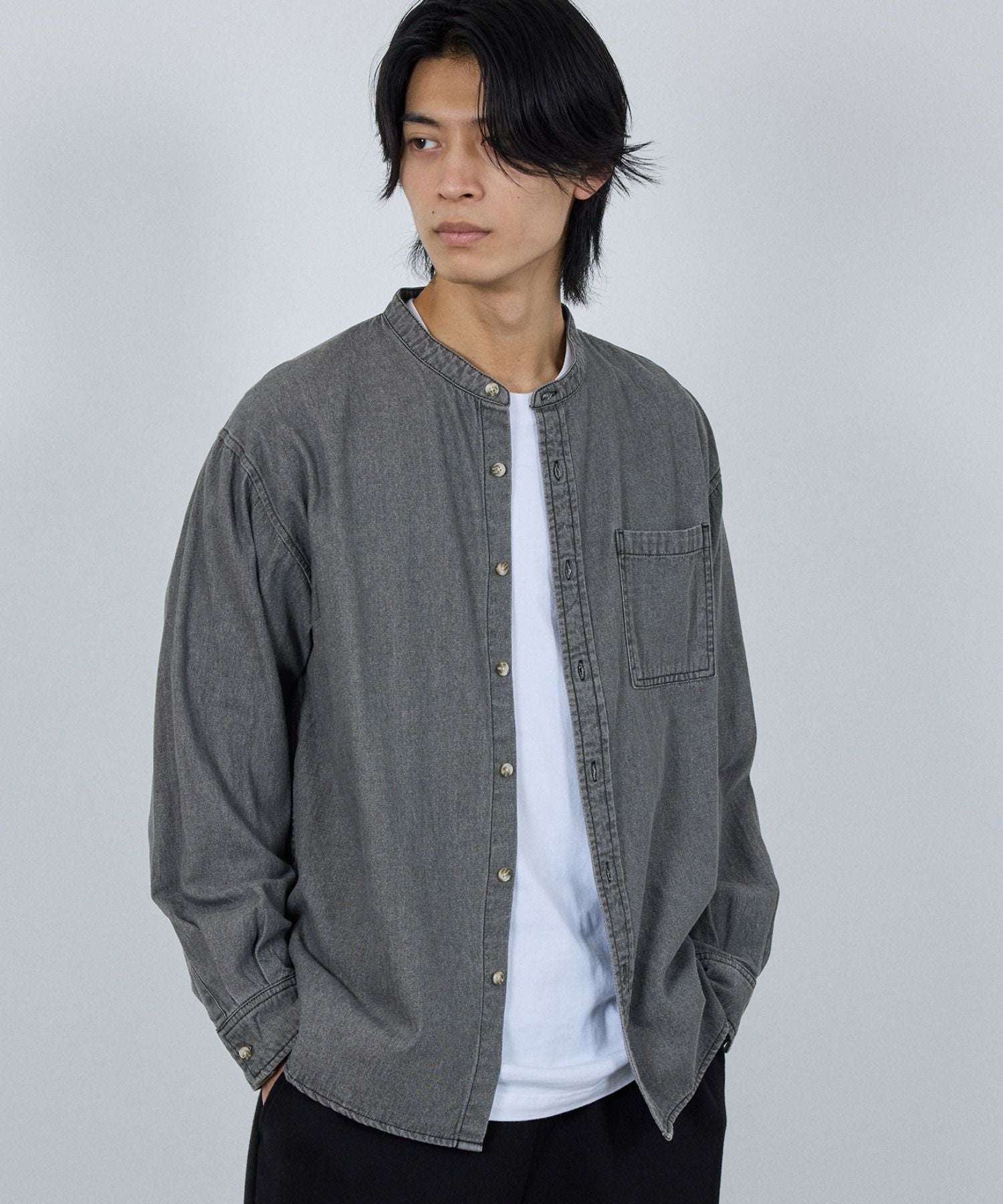 マックハウス Mac-House nAvy ルーズデニムスタンドカラーシャツ （ワンウォッシュ） ワンウォッシュ