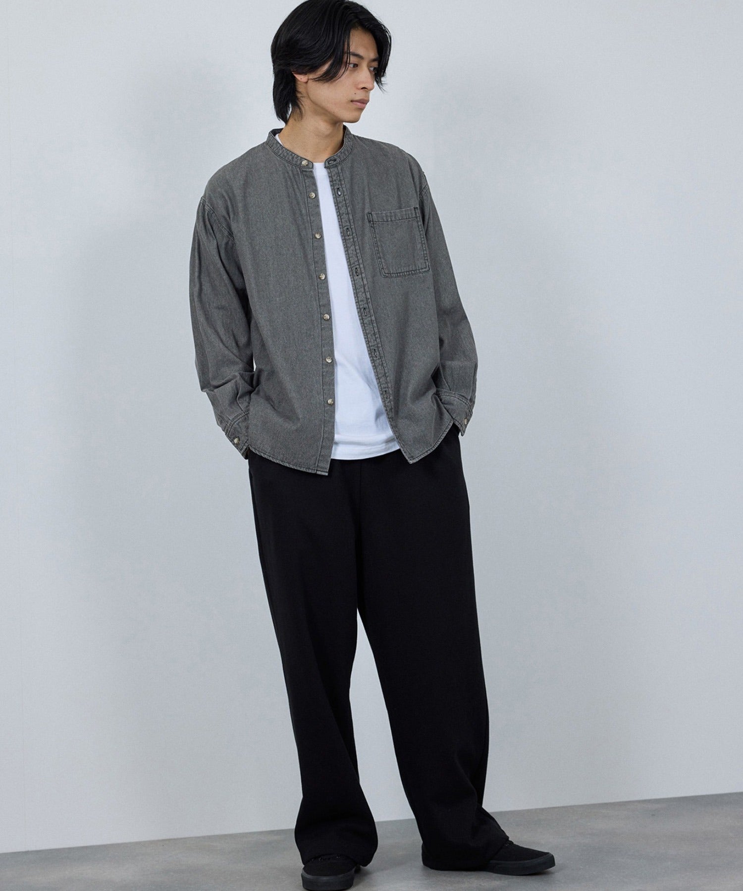 マックハウス Mac-House nAvy ルーズデニムスタンドカラーシャツ （ワンウォッシュ） ワンウォッシュ