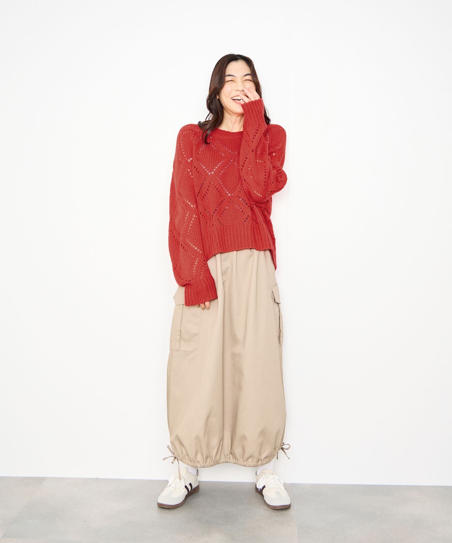 マックハウス Mac-House ダイヤ柄透かし編みニットプルオーバー （レッド） レッド