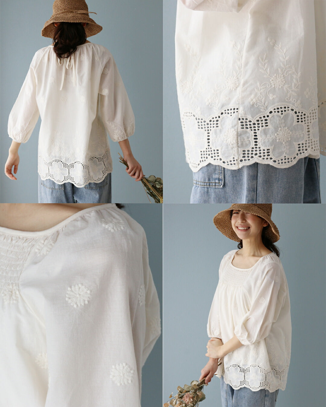 サンポクシェル sanpo kuschel レースと刺繍のやさしさをまとう一枚トップス （アイボリー） アイボリー