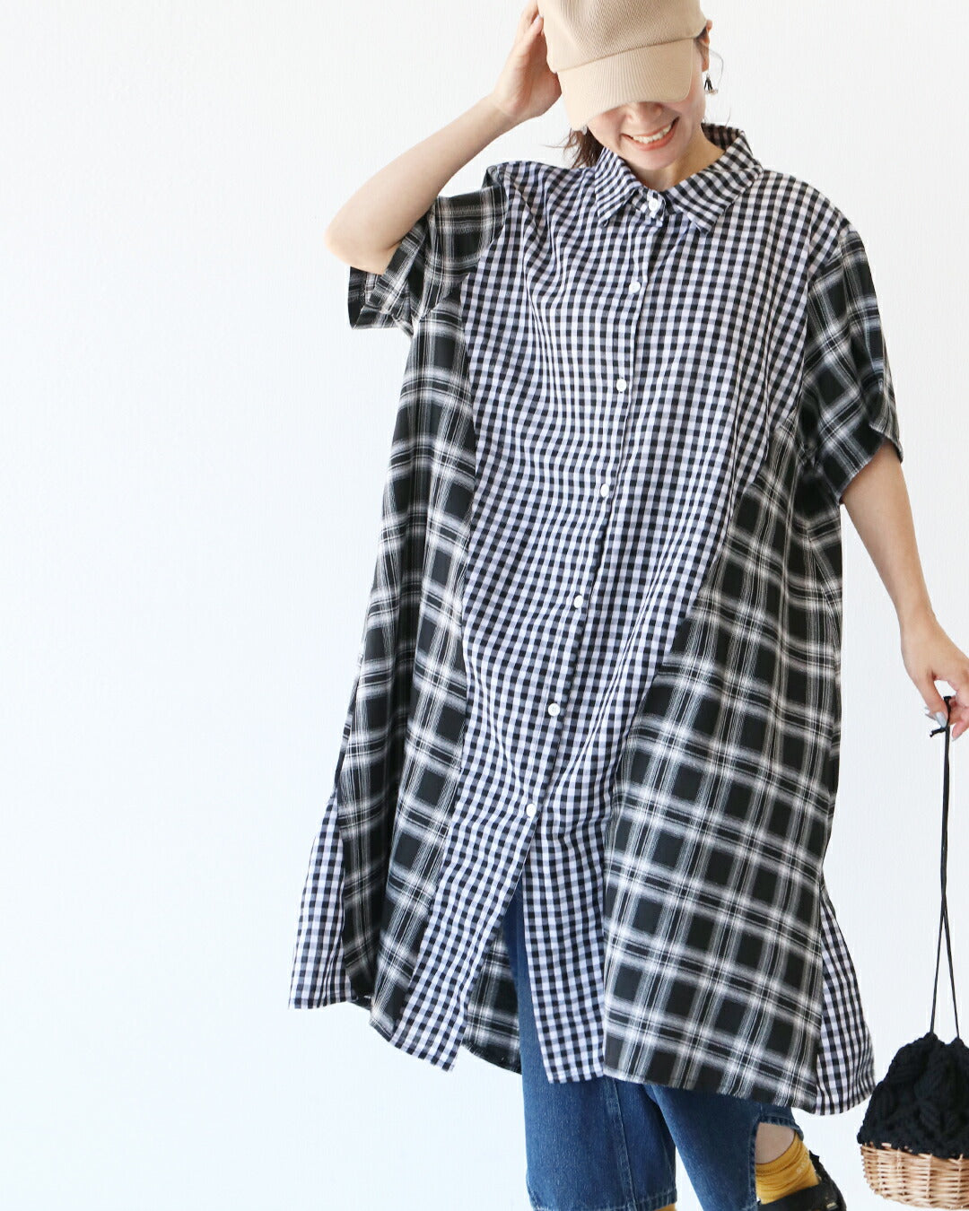 サンポクシェル sanpo kuschel チェックで遊ぶ細見え切替えワンピース （ブラック×ホワイト） ブラック×ホワイト