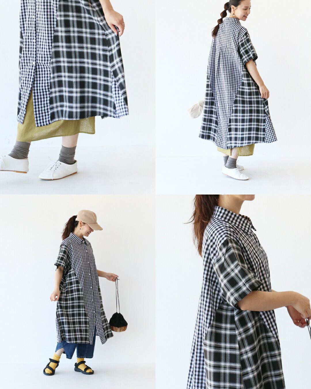 サンポクシェル sanpo kuschel チェックで遊ぶ細見え切替えワンピース （ブラック×ホワイト） ブラック×ホワイト
