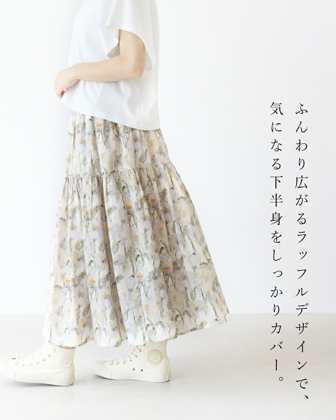 サンポクシェル sanpo kuschel 体型カバーも叶えるアンティーク花柄スカート （アイボリー） アイボリー