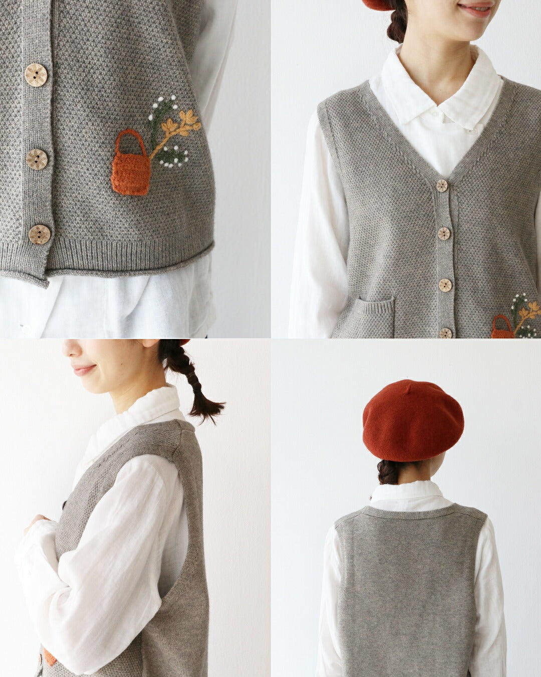 サンポクシェル sanpo kuschel ほっこり花刺繍ベスト （ライトグレー） ライトグレー