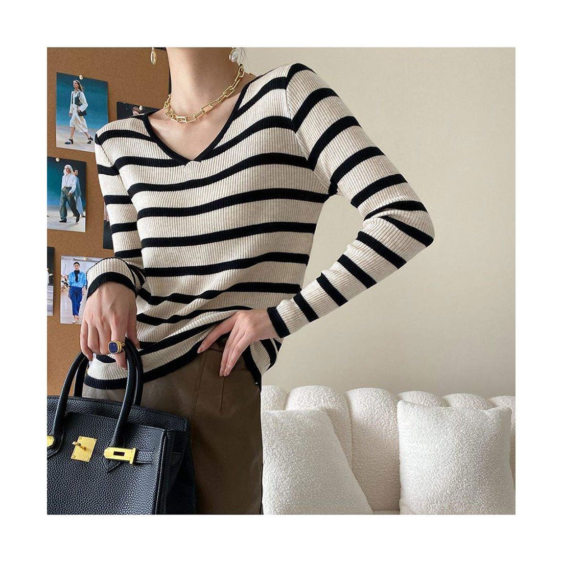 メゾンドラティール maison de LATIR ストライプ柄VネックTシャツ