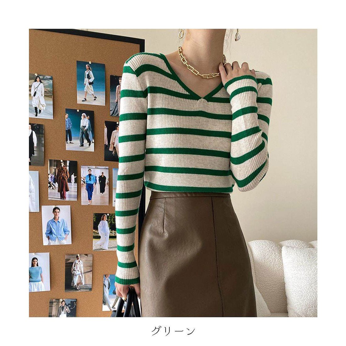 メゾンドラティール maison de LATIR ストライプ柄VネックTシャツ