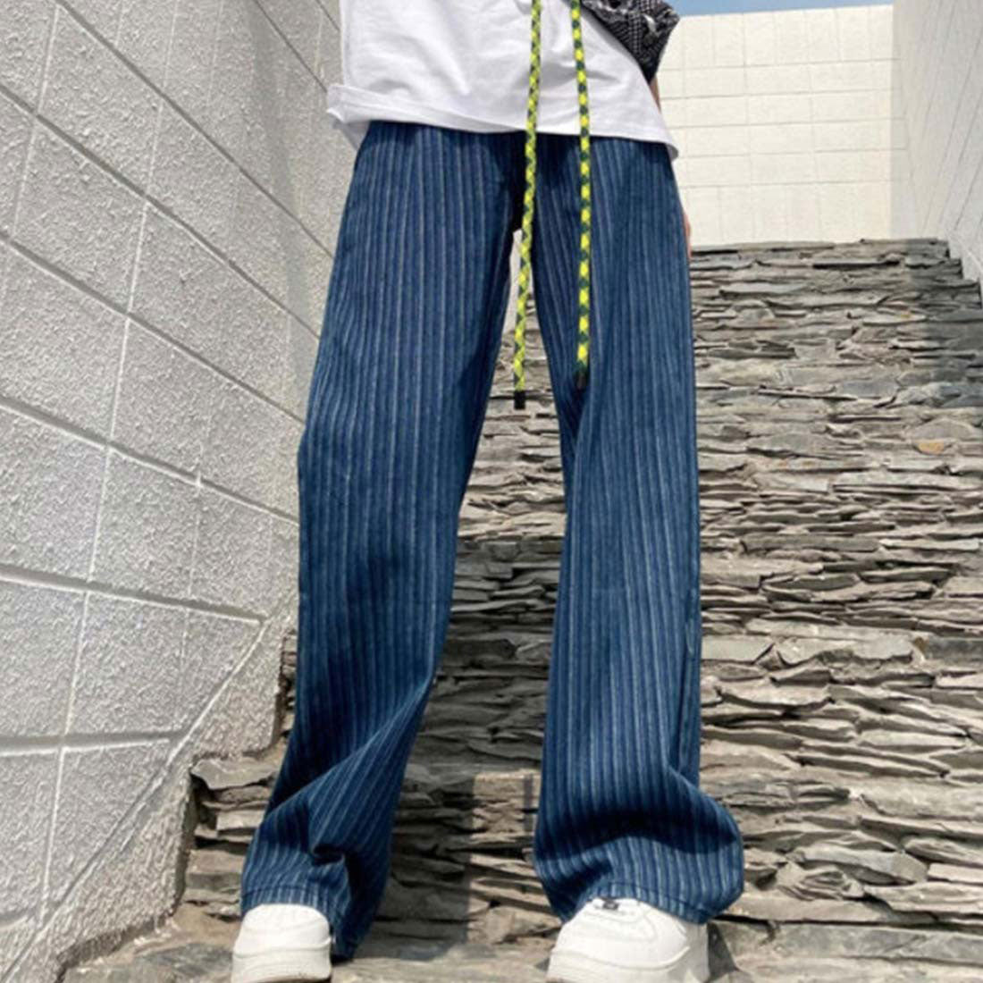 メゾンドラティール maison de LATIR ストライプ柄ストレートデニムパンツ,サックス