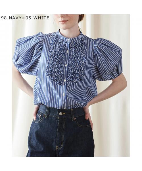 マリリンムーン MARILYN MOON MARILYN MOON ブラウス 4252-177 ストライプ フリル （98.NAVY×05.WHITE/ネイビー） 98.NAVY×05.WHITE/ネイビー