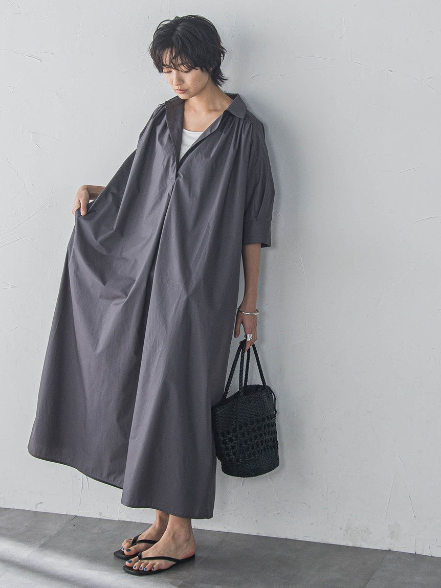メイソングレイ MAYSON GREY 【WEB限定】5分袖ギャザーシャツワンピース≪洗濯機で洗える≫ （チャコールグレー） チャコールグレー