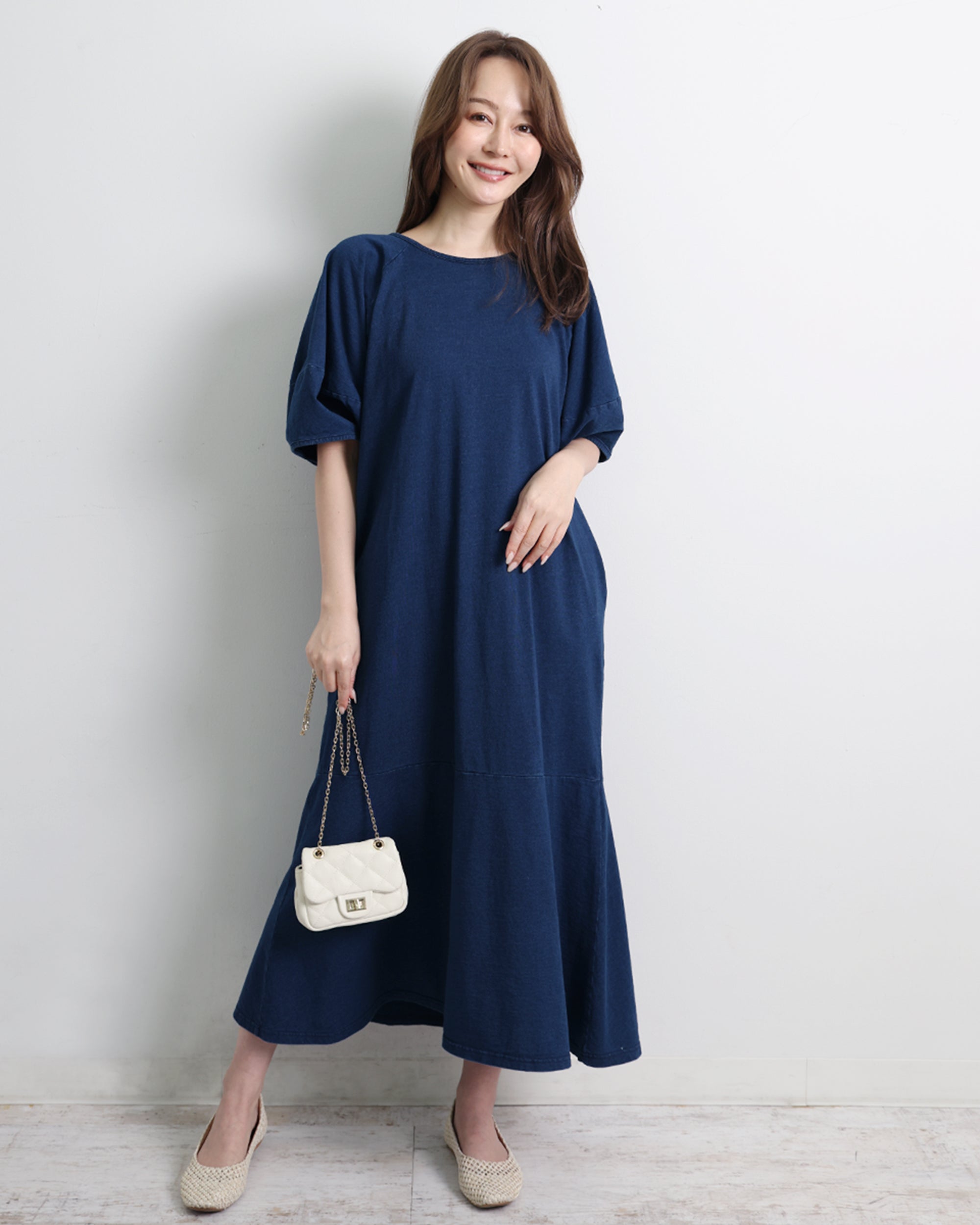マーサ MARTHA バルーン袖デニムジャージーワンピース （ブルー） ブルー