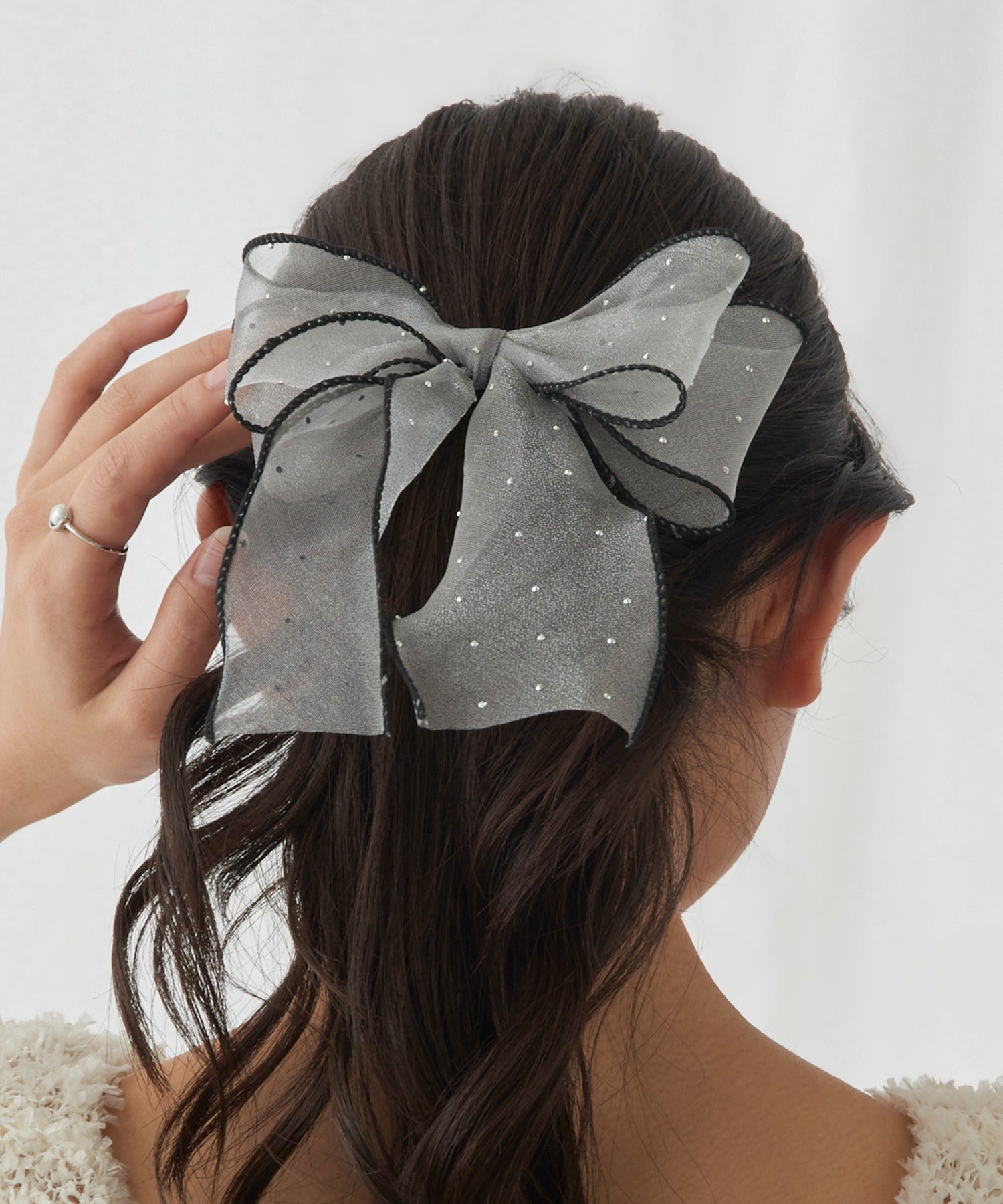 マガジンデモードシュシュ MAGASIN DE MODE Chou Chou ヘアカフ ダブル リボン シアー ドット パイピング ヘアポニー ポニーフック OSWY （グレー） グレー