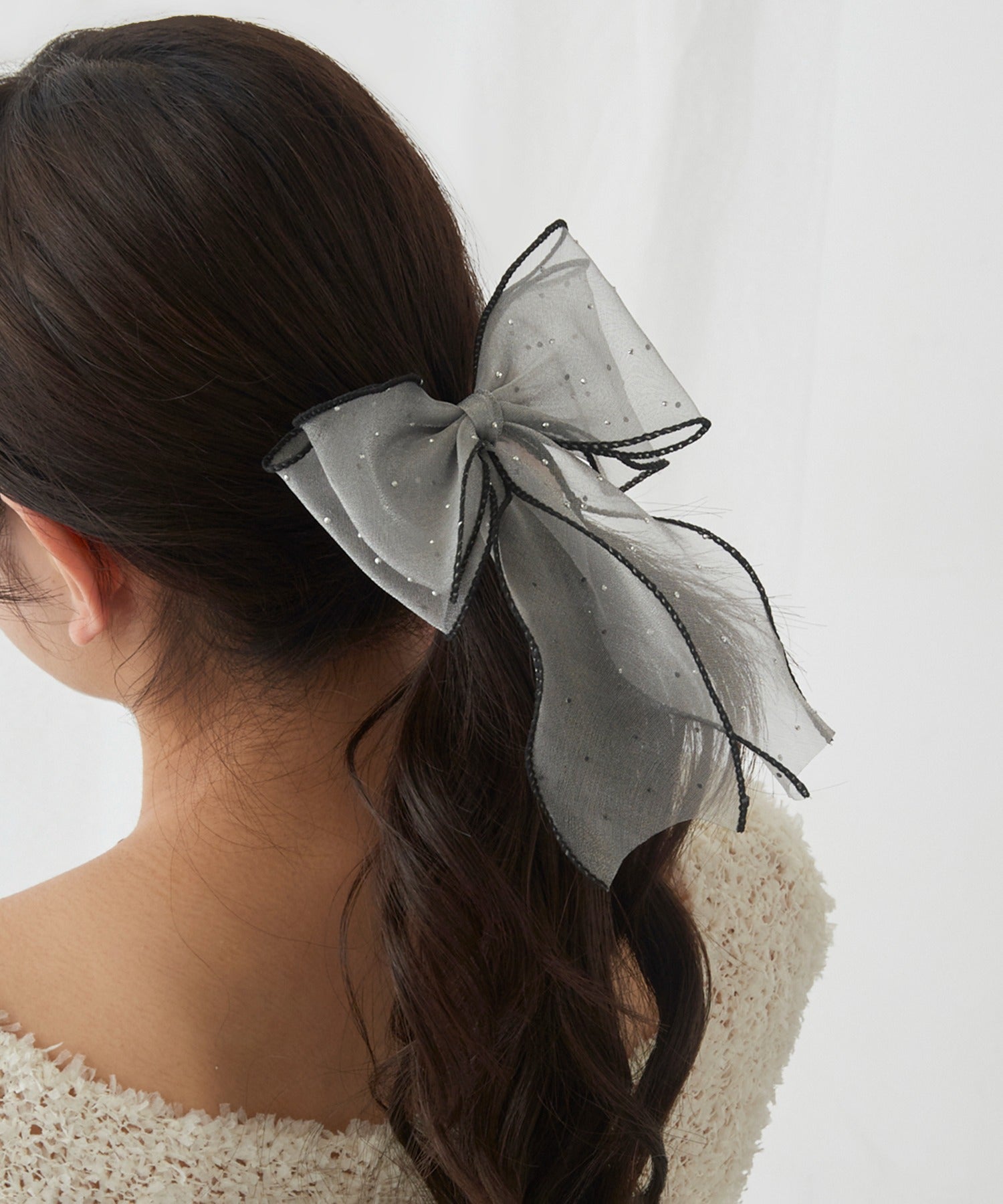 マガジンデモードシュシュ MAGASIN DE MODE Chou Chou ヘアカフ ダブル リボン シアー ドット パイピング ヘアポニー ポニーフック OSWY （グレー） グレー