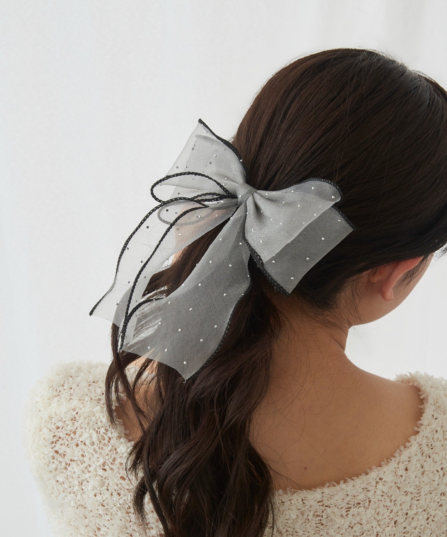 マガジンデモードシュシュ MAGASIN DE MODE Chou Chou ヘアカフ ダブル リボン シアー ドット パイピング ヘアポニー ポニーフック OSWY （グレー） グレー