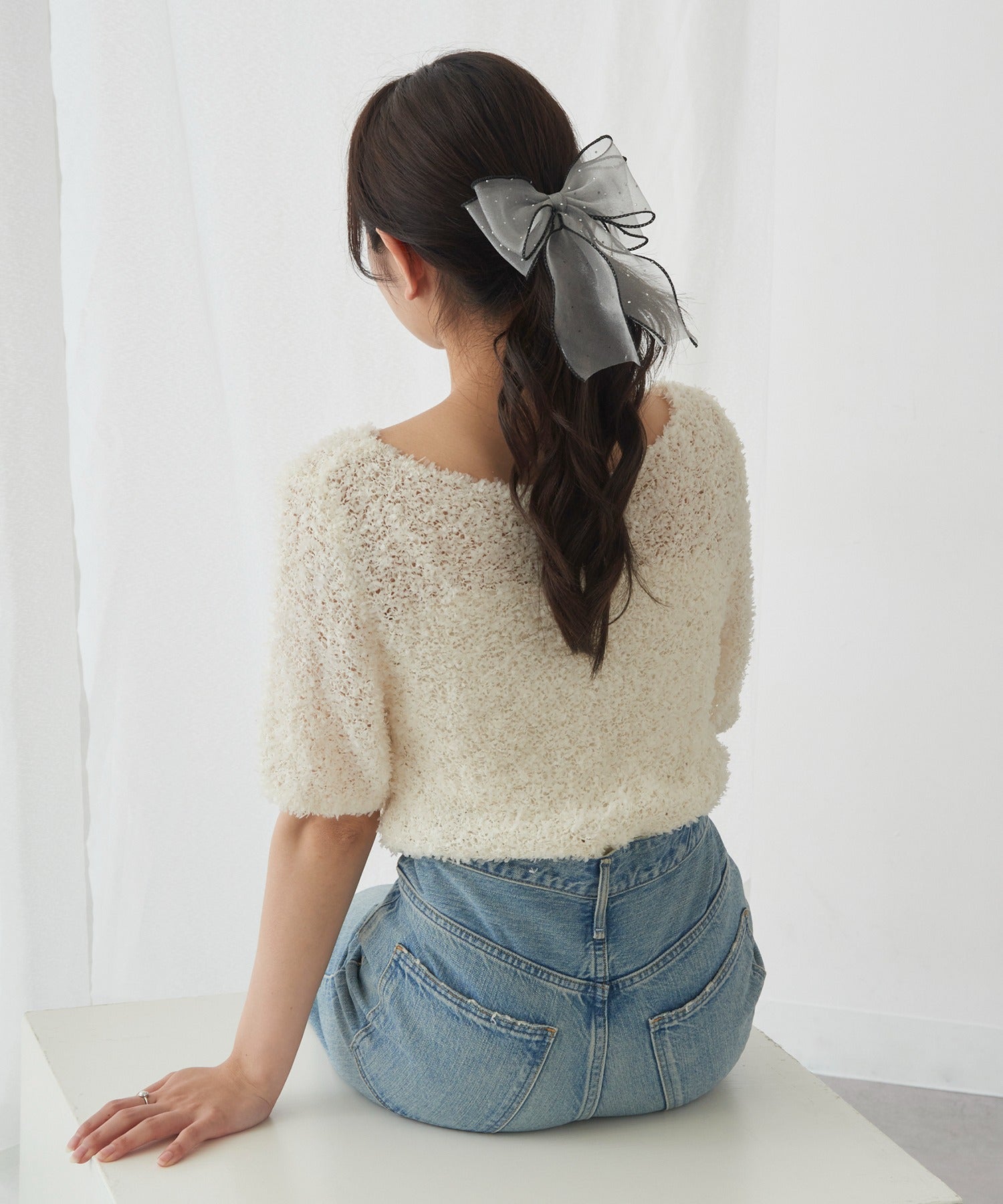 マガジンデモードシュシュ MAGASIN DE MODE Chou Chou ヘアカフ ダブル リボン シアー ドット パイピング ヘアポニー ポニーフック OSWY （グレー） グレー