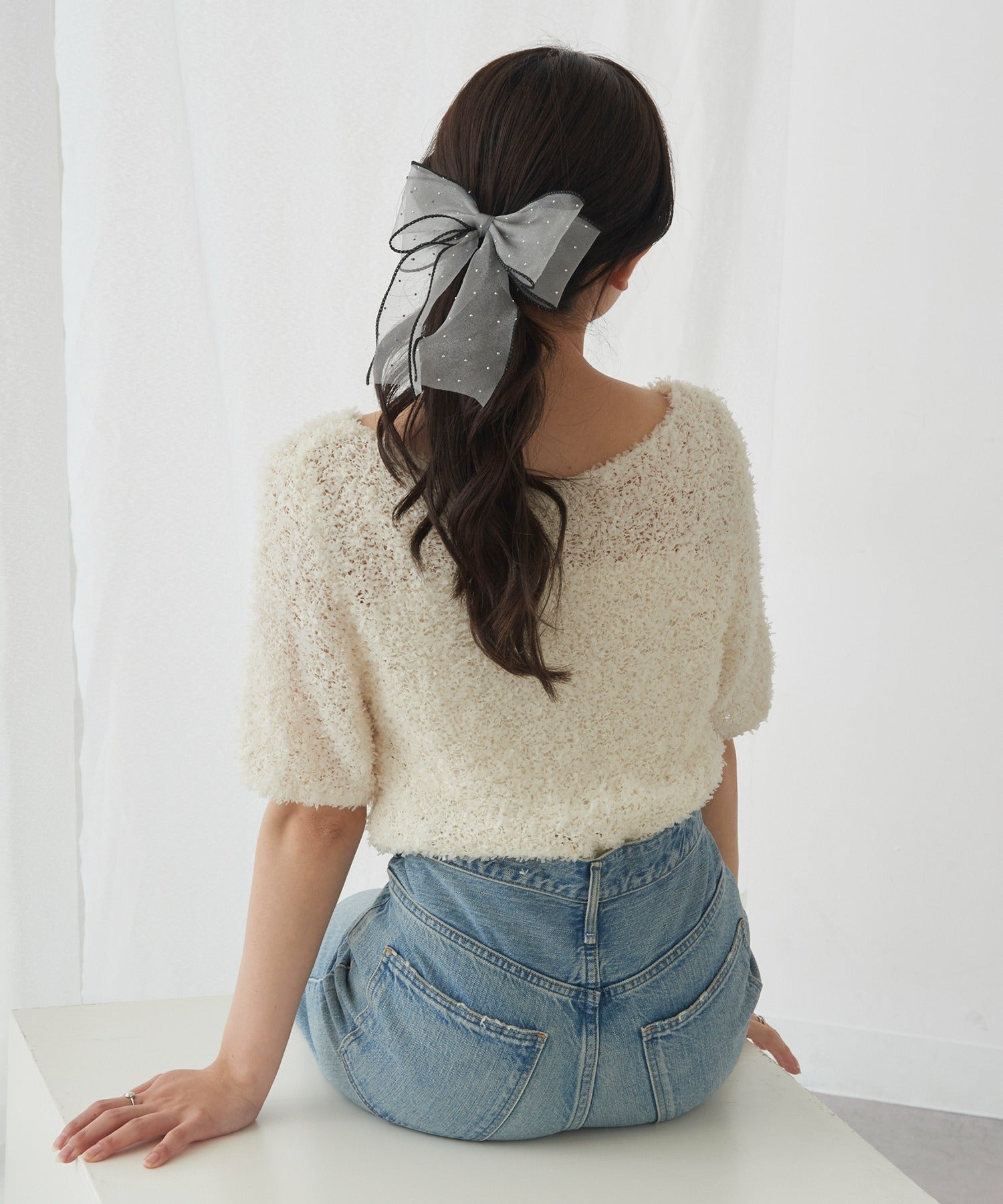 マガジンデモードシュシュ MAGASIN DE MODE Chou Chou ヘアカフ ダブル リボン シアー ドット パイピング ヘアポニー ポニーフック OSWY （グレー） グレー