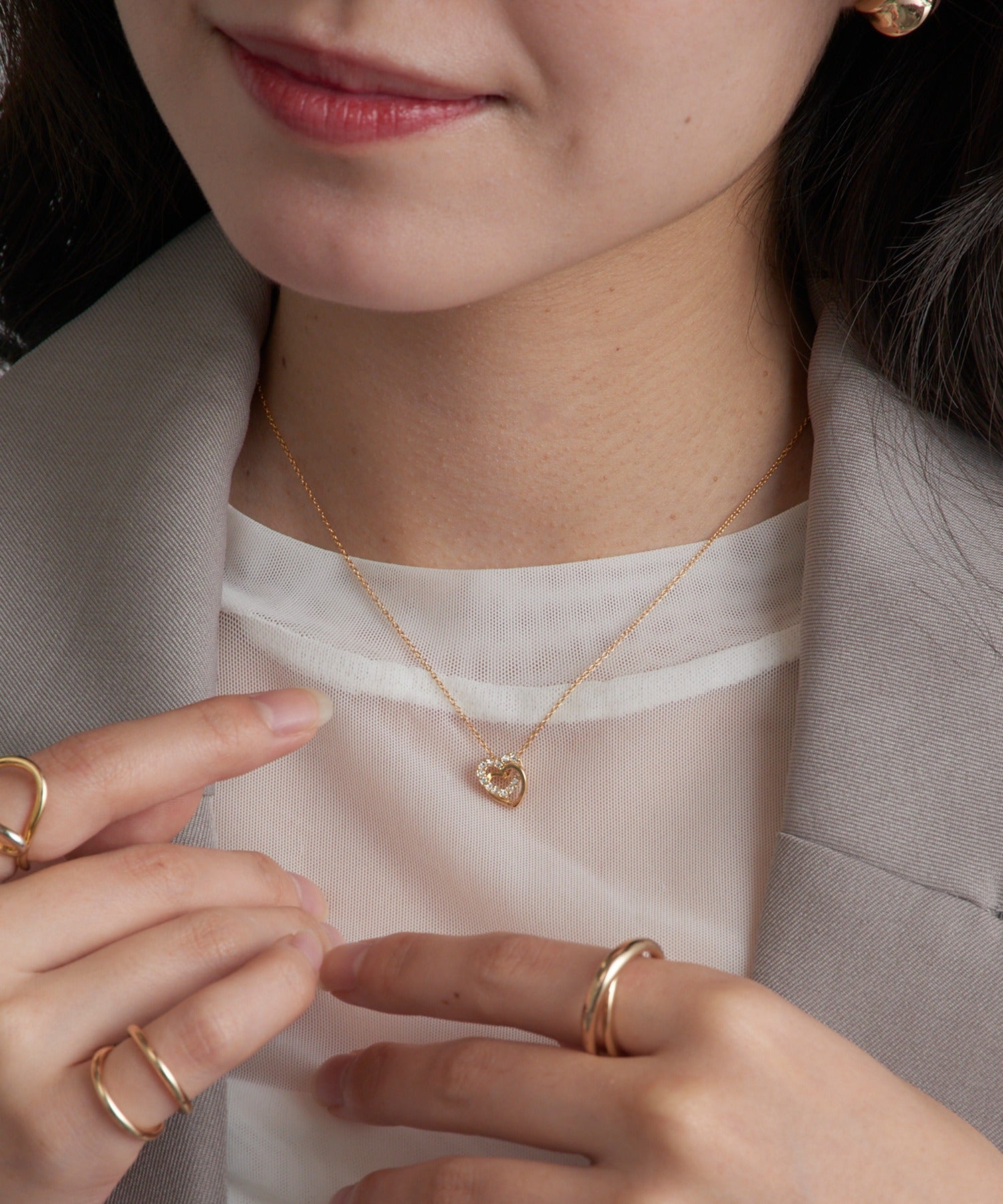 マガジンデモードシュシュ MAGASIN DE MODE Chou Chou ネックレス ニッケルフリー ダブル ハート メタル ストーン プチネックレス OSWY （ゴールド） ゴールド