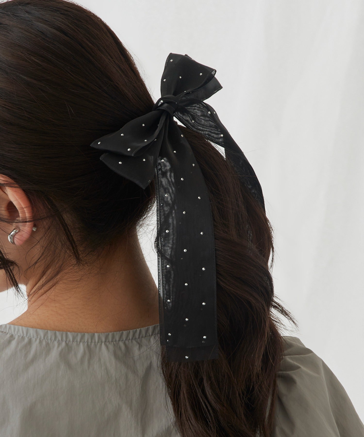 マガジンデモードシュシュ MAGASIN DE MODE Chou Chou ヘアゴム ダブル リボン オーガンジー ドット シアー シマー ロング ヘアポニー OSWY （ブラック） ブラック