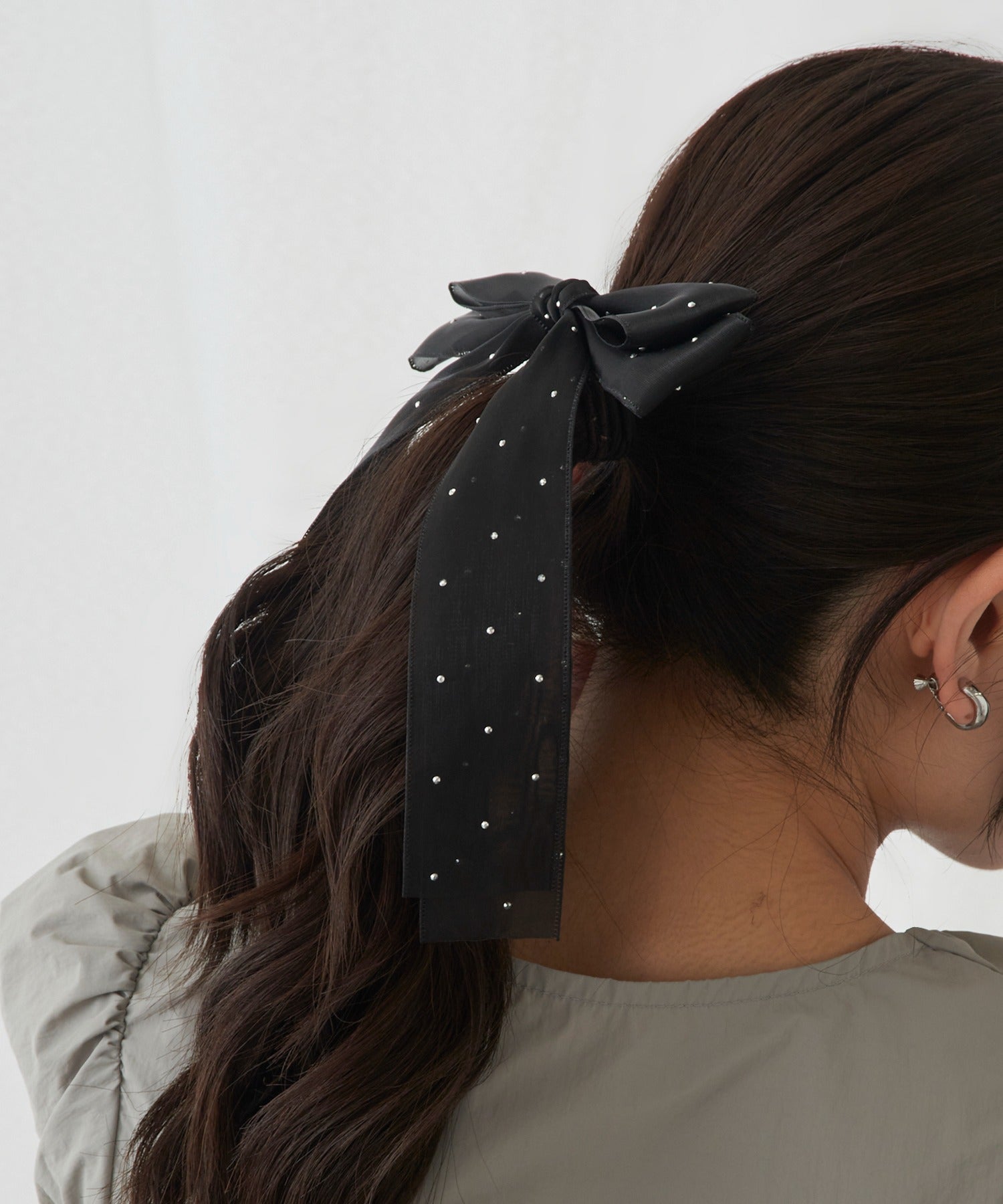 マガジンデモードシュシュ MAGASIN DE MODE Chou Chou ヘアゴム ダブル リボン オーガンジー ドット シアー シマー ロング ヘアポニー OSWY （ブラック） ブラック