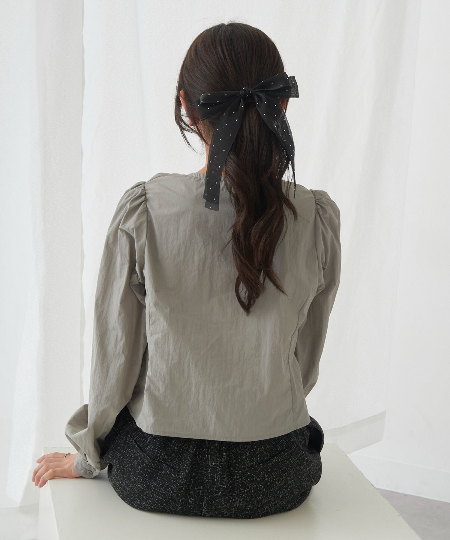 マガジンデモードシュシュ MAGASIN DE MODE Chou Chou ヘアゴム ダブル リボン オーガンジー ドット シアー シマー ロング ヘアポニー OSWY （ブラック） ブラック