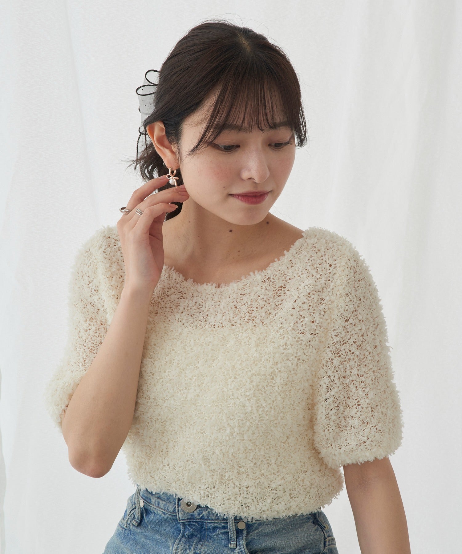 マガジンデモードシュシュ MAGASIN DE MODE Chou Chou ピアス ニッケルフリー メタル パール リボン フープピアス OSWY （ピンク） ピンク