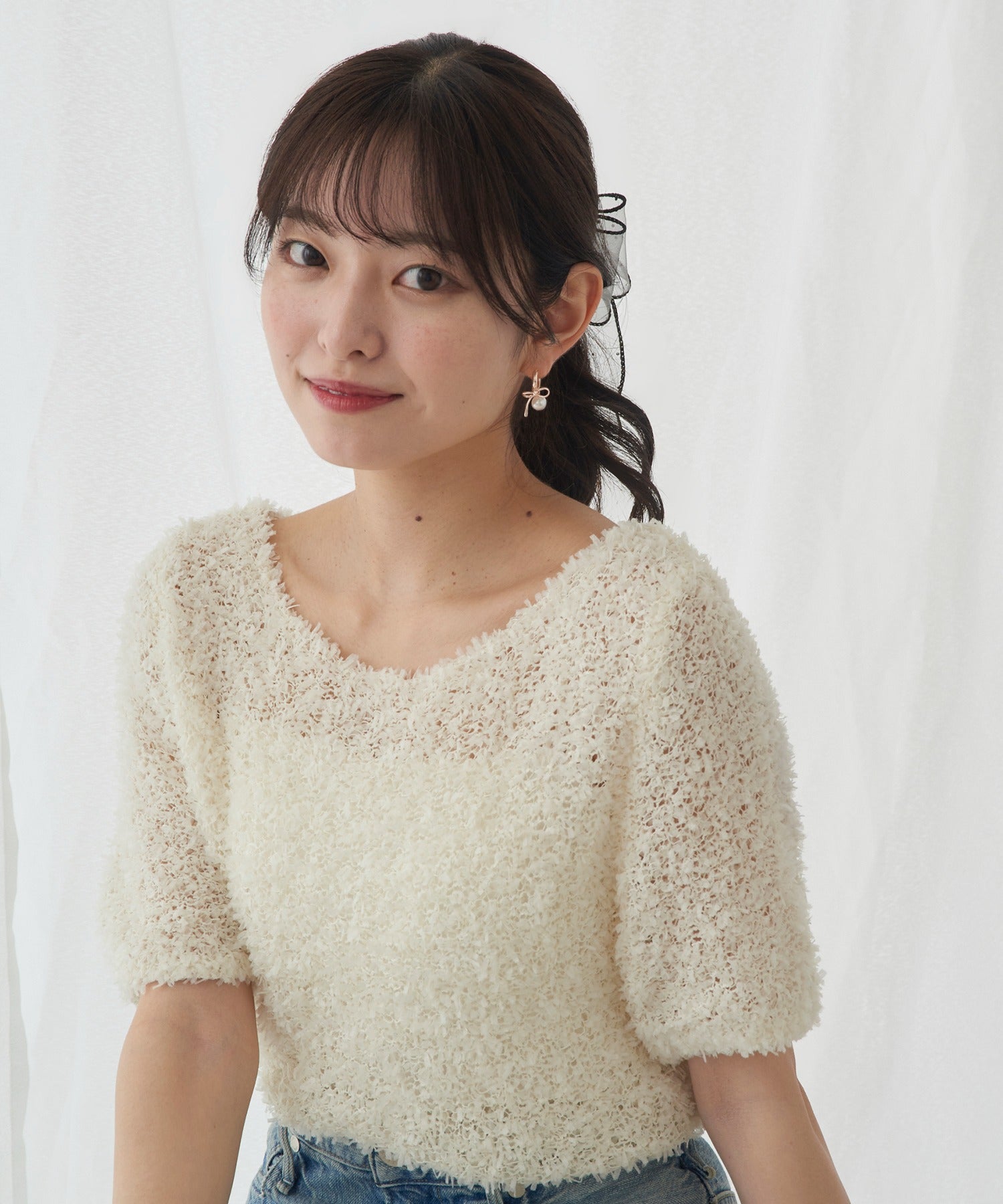 マガジンデモードシュシュ MAGASIN DE MODE Chou Chou ピアス ニッケルフリー メタル パール リボン フープピアス OSWY （ピンク） ピンク